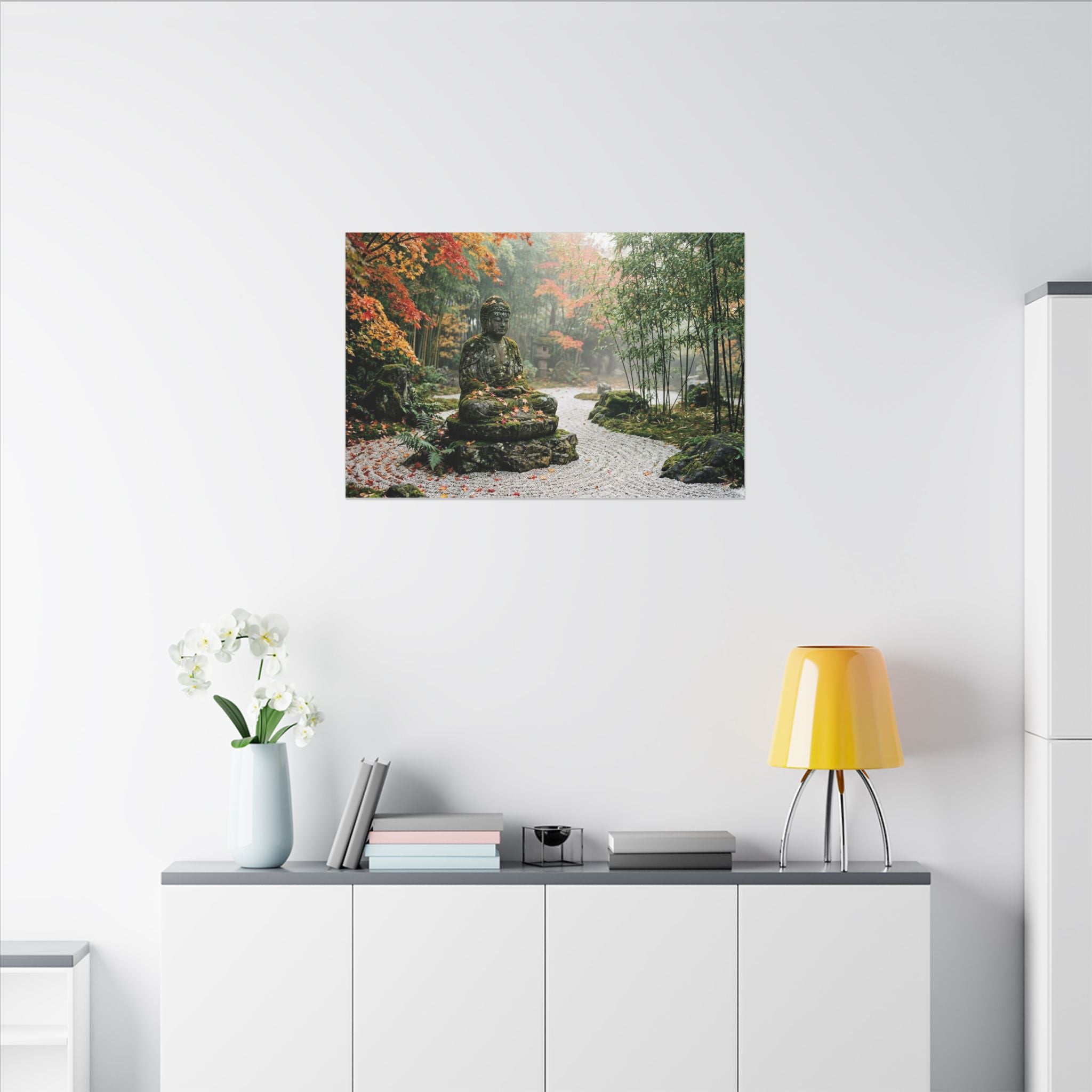 Zen Buddha Garden Canvas Wall Art - Stone Statue Print, Japanese Garden, Meditation Decor, Stretched Canvas
