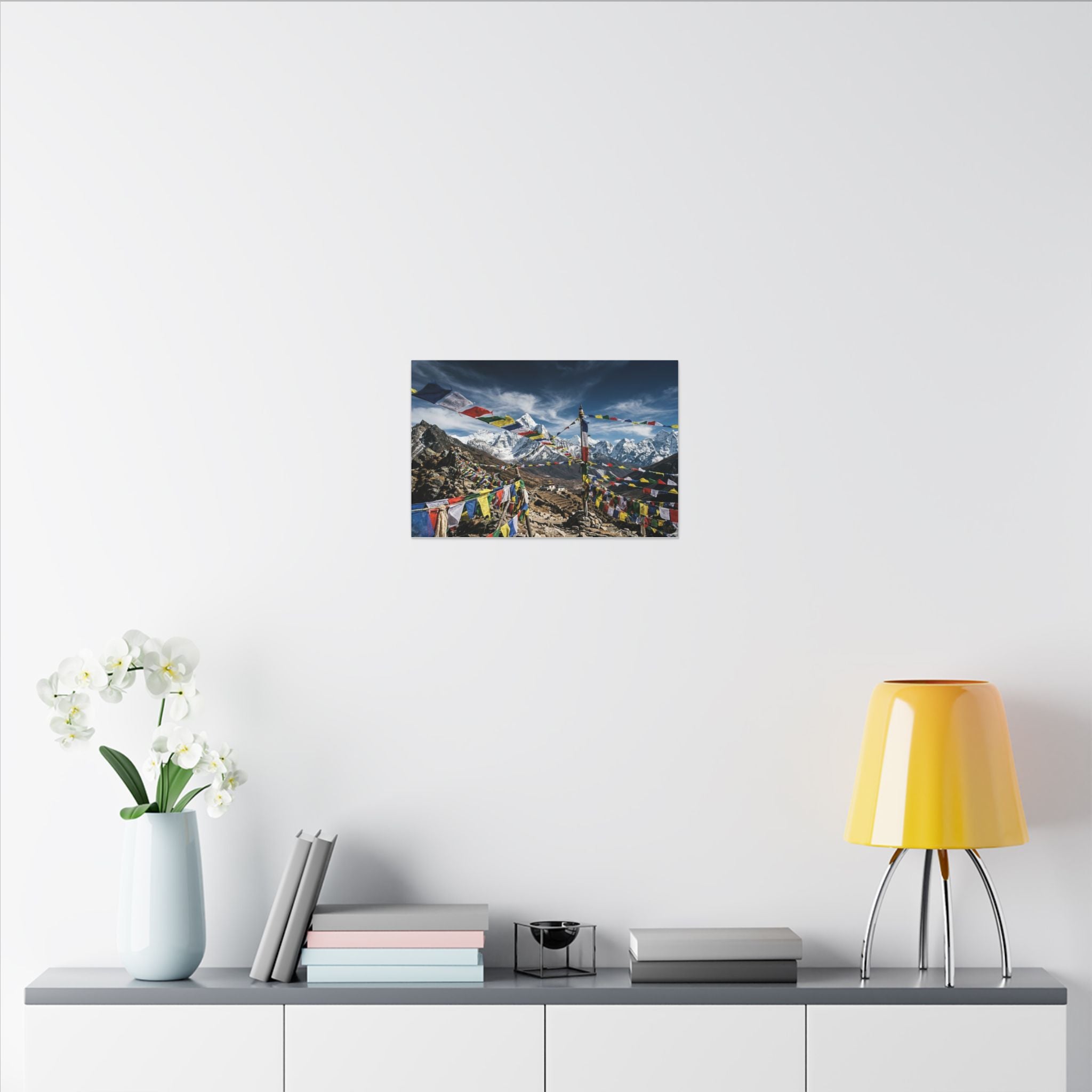 Tibetan Prayer Flags Canvas Wall Art - Mountain Temple Print, Himalaya, Buddhist Decor, Stretched Canvas