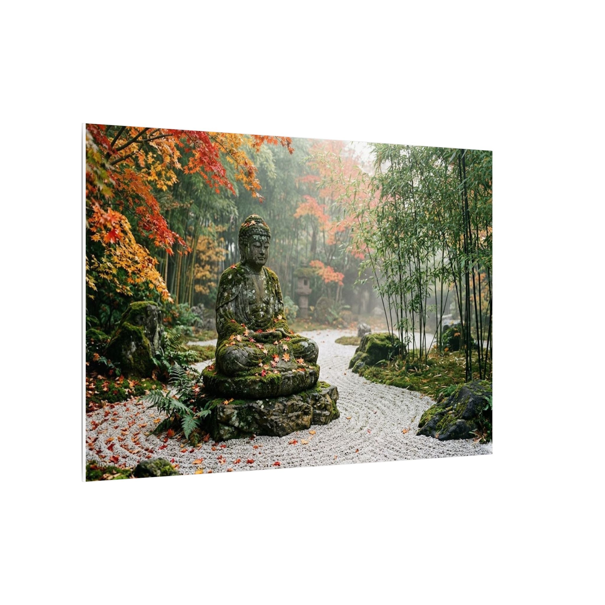 Zen Buddha Garden Canvas Wall Art - Stone Statue Print, Japanese Garden, Meditation Decor, Stretched Canvas