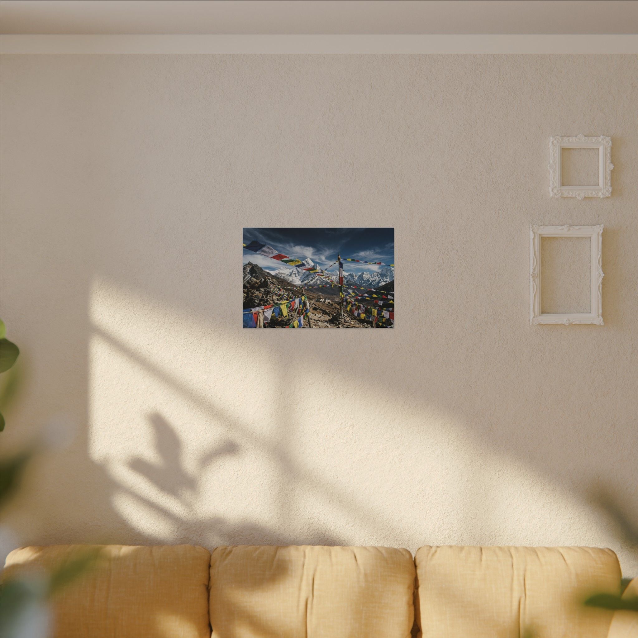 Tibetan Prayer Flags Canvas Wall Art - Mountain Temple Print, Himalaya, Buddhist Decor, Stretched Canvas