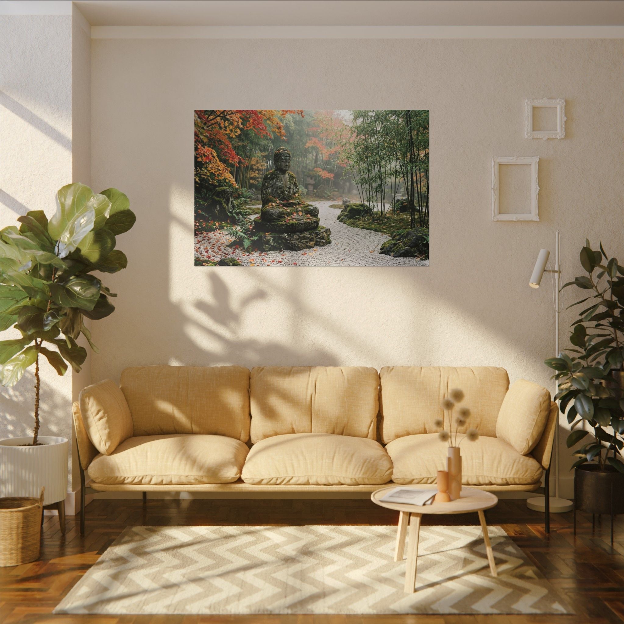 Zen Buddha Garden Canvas Wall Art - Stone Statue Print, Japanese Garden, Meditation Decor, Stretched Canvas