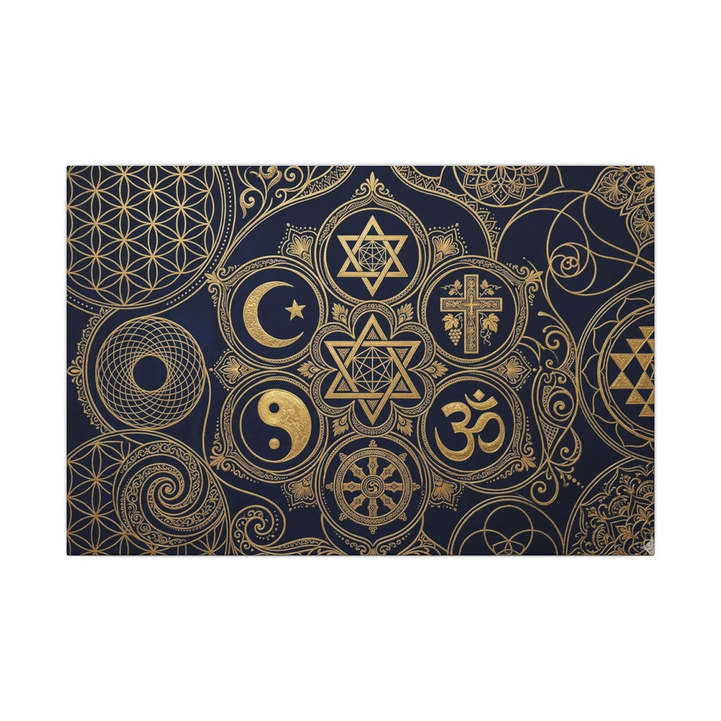 Sacred Symbols Canvas Wall Art - World Religions Print, Universal Peace, Spiritual Decor, Stretched Canvas