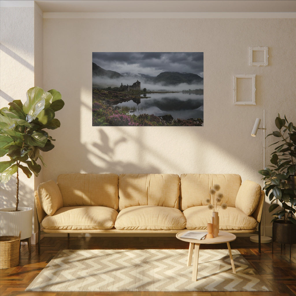 Scottish Castle Canvas Wall Art - Misty Highland Print, Medieval Ruins, Celtic Decor, Stretched Canvas