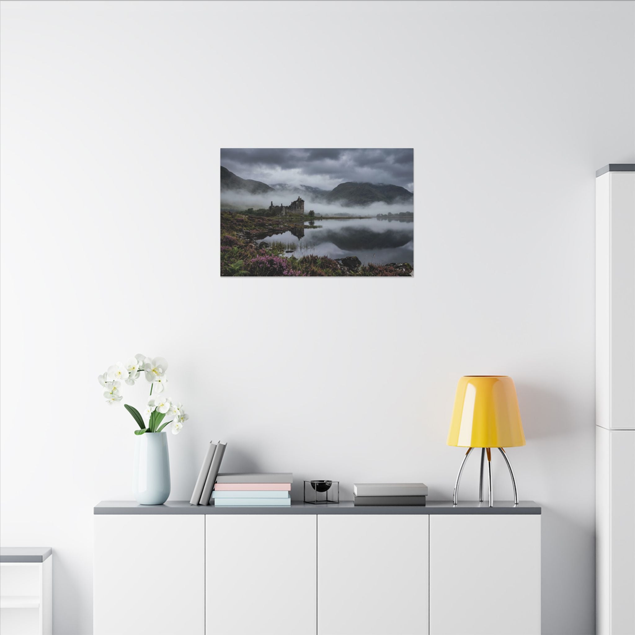Scottish Castle Canvas Wall Art - Misty Highland Print, Medieval Ruins, Celtic Decor, Stretched Canvas
