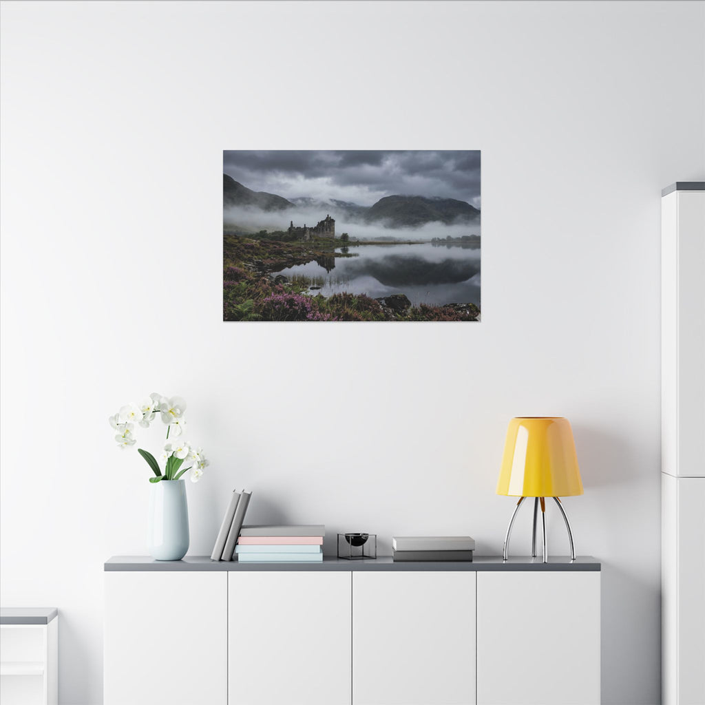 Scottish Castle Canvas Wall Art - Misty Highland Print, Medieval Ruins, Celtic Decor, Stretched Canvas