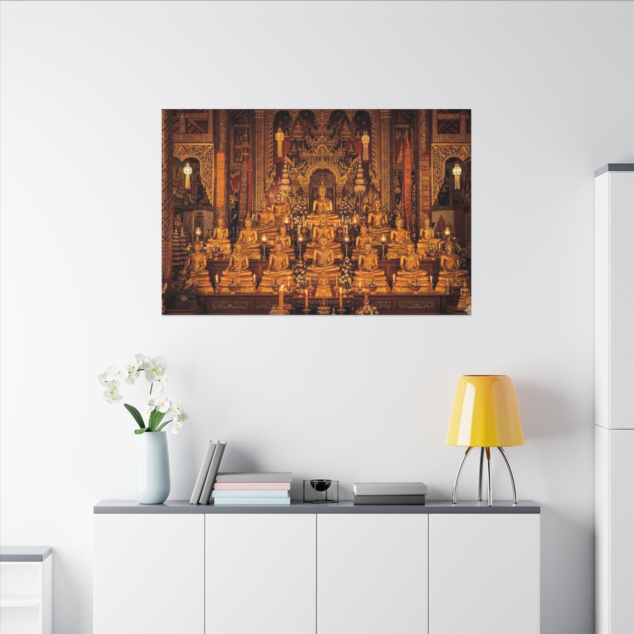 Thai Buddha Temple Canvas Wall Art - Golden Shrine Print, Bangkok Art, Southeast Asia Decor, Stretched Canvas