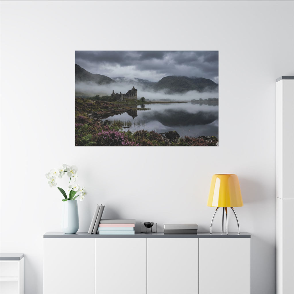 Scottish Castle Canvas Wall Art - Misty Highland Print, Medieval Ruins, Celtic Decor, Stretched Canvas