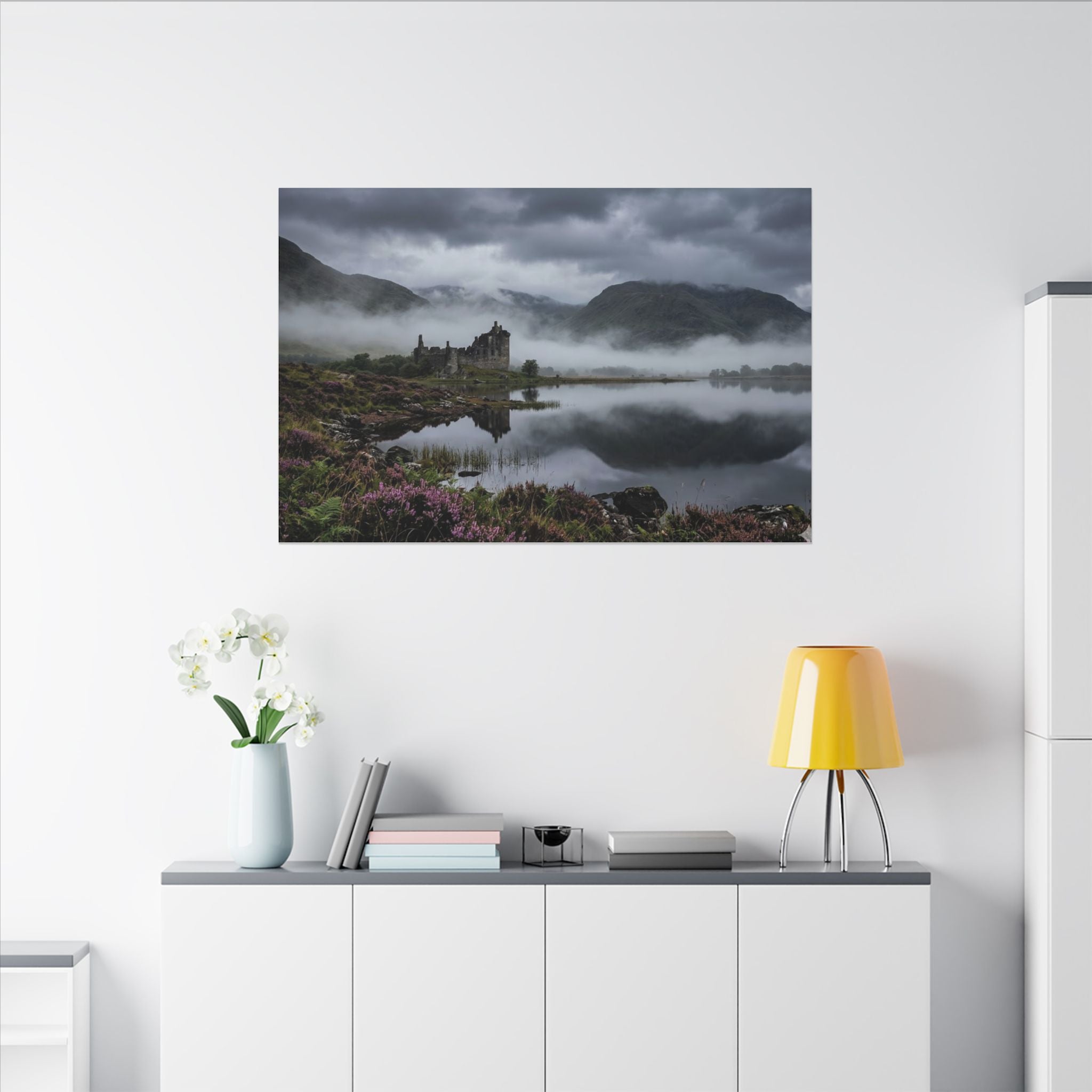 Scottish Castle Canvas Wall Art - Misty Highland Print, Medieval Ruins, Celtic Decor, Stretched Canvas