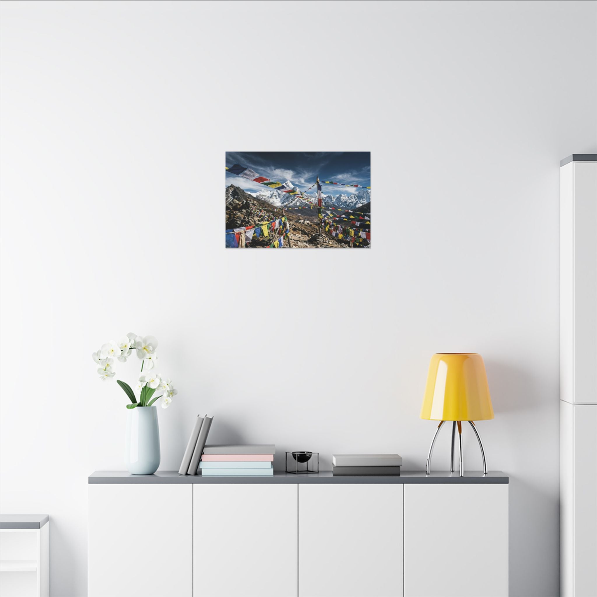 Tibetan Prayer Flags Canvas Wall Art - Mountain Temple Print, Himalaya, Buddhist Decor, Stretched Canvas