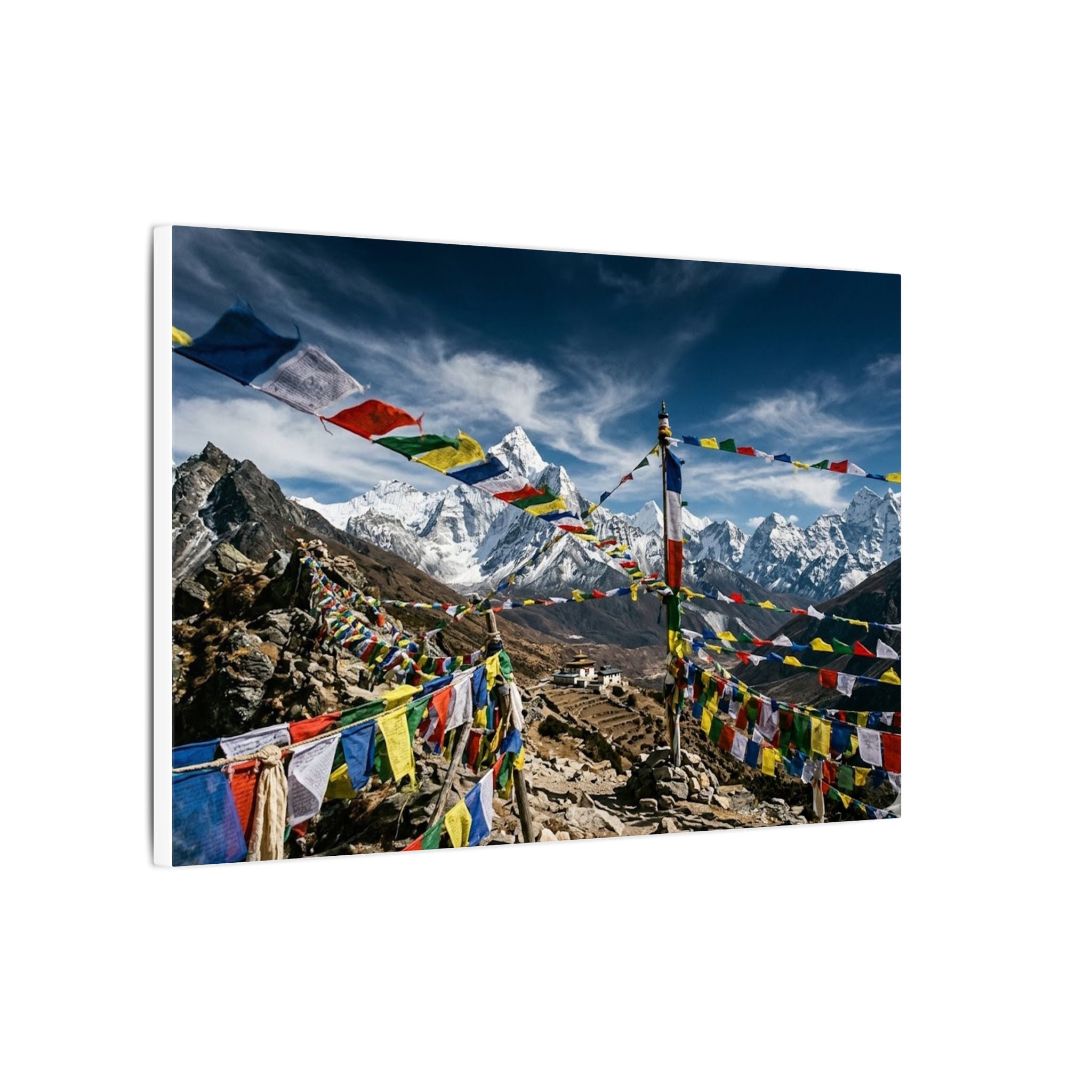 Tibetan Prayer Flags Canvas Wall Art - Mountain Temple Print, Himalaya, Buddhist Decor, Stretched Canvas