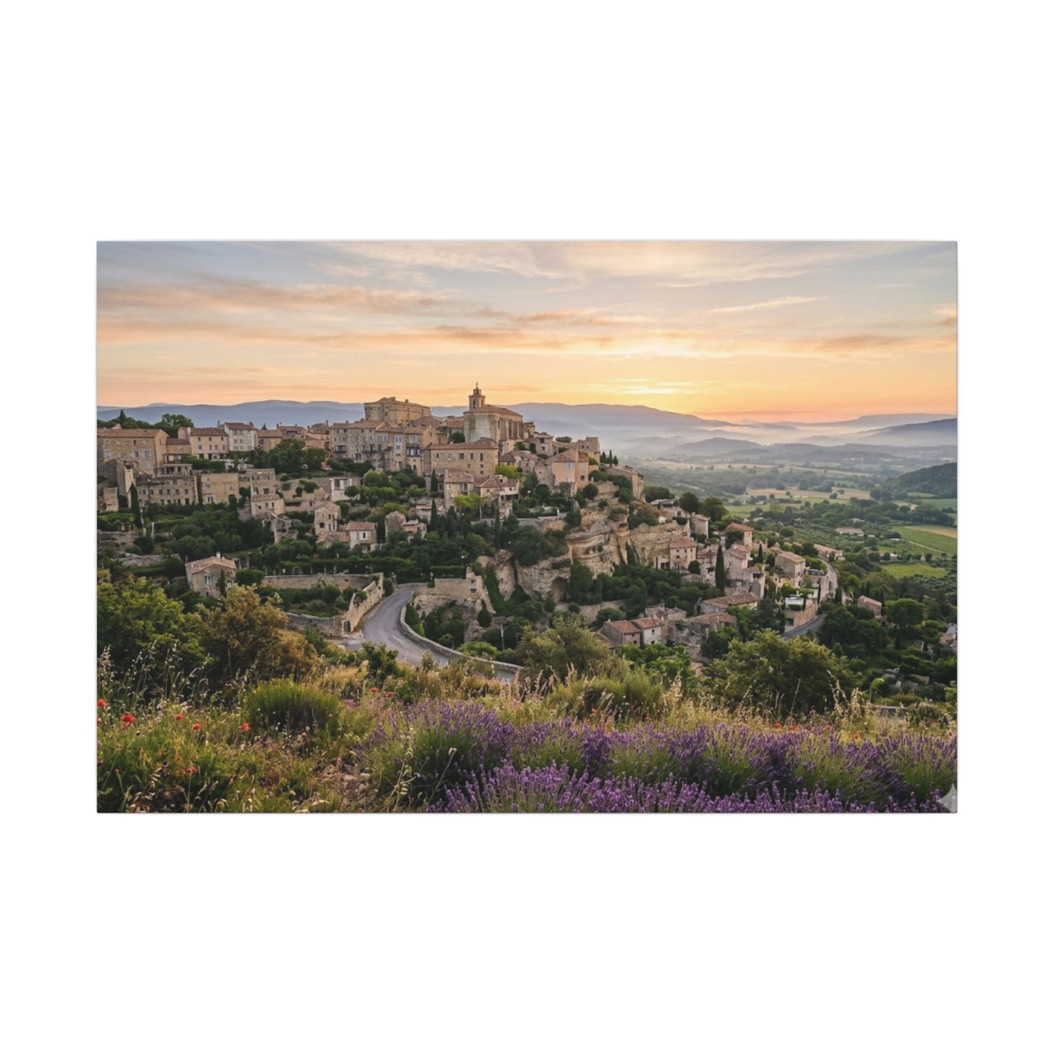 Provence Village Canvas Wall Art - French Countryside Print, Hilltop Town, European Decor, Stretched Canvas