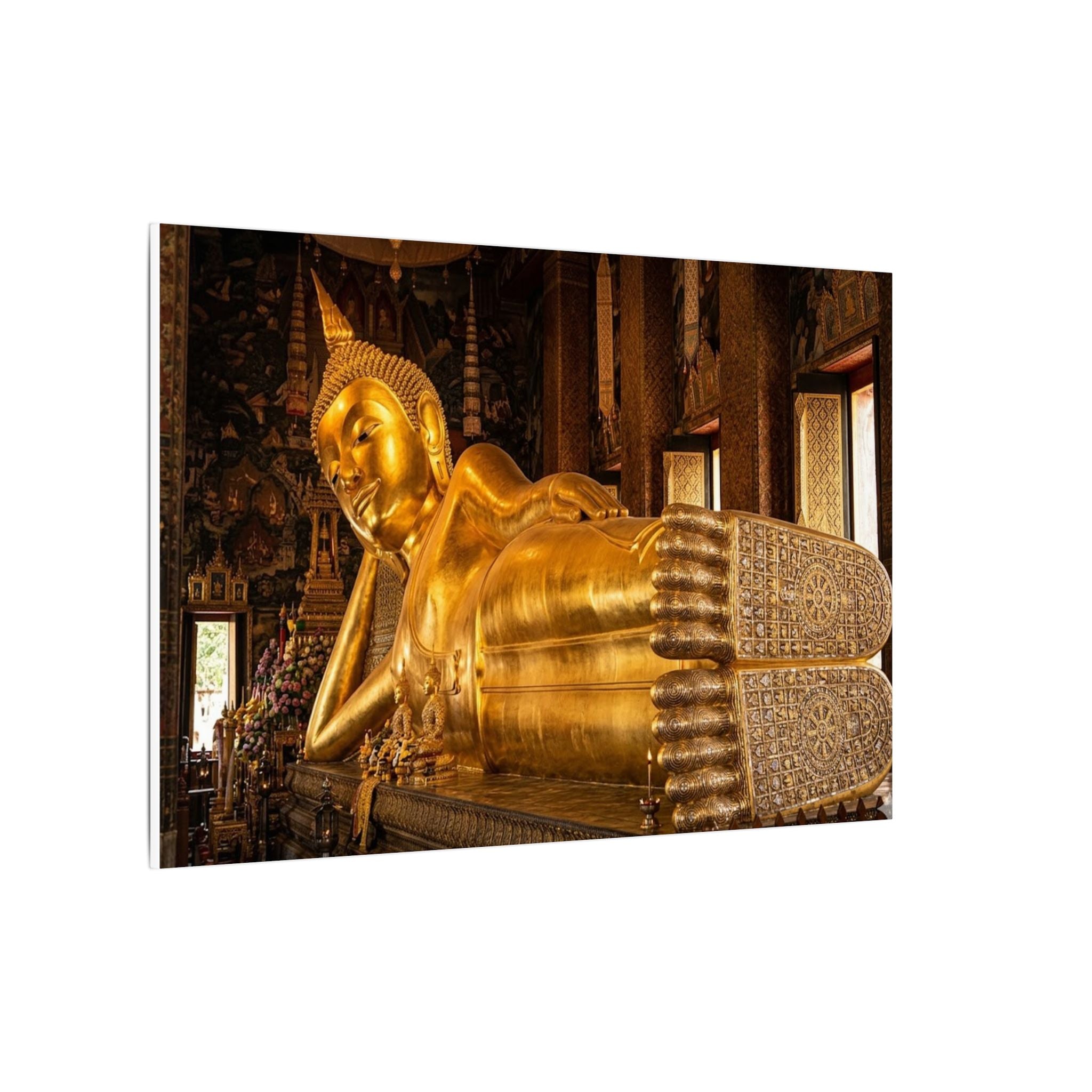 Reclining Buddha Canvas Wall Art - Golden Statue Print, Thai Temple, Sacred Art, Stretched Canvas