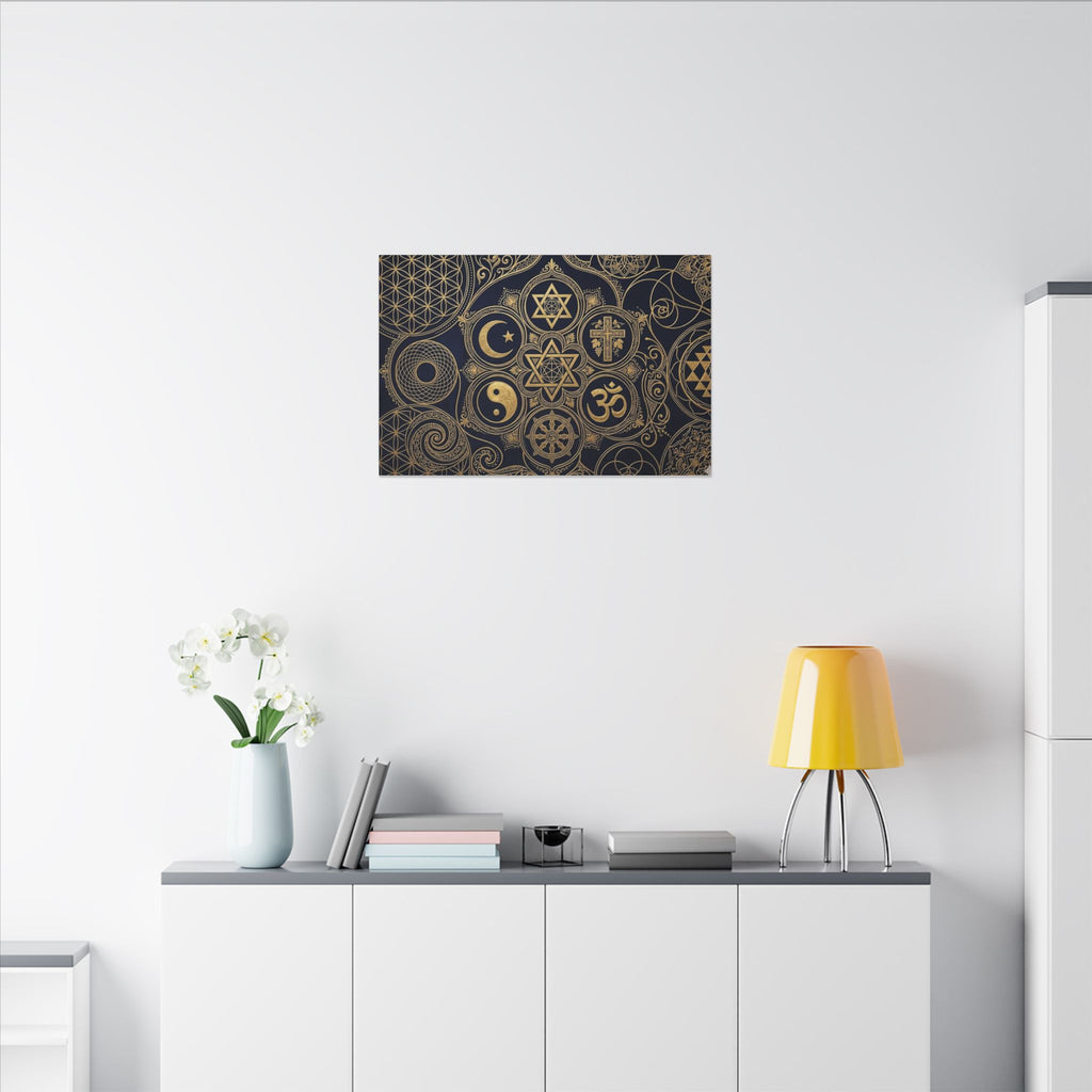 Sacred Symbols Canvas Wall Art - World Religions Print, Universal Peace, Spiritual Decor, Stretched Canvas