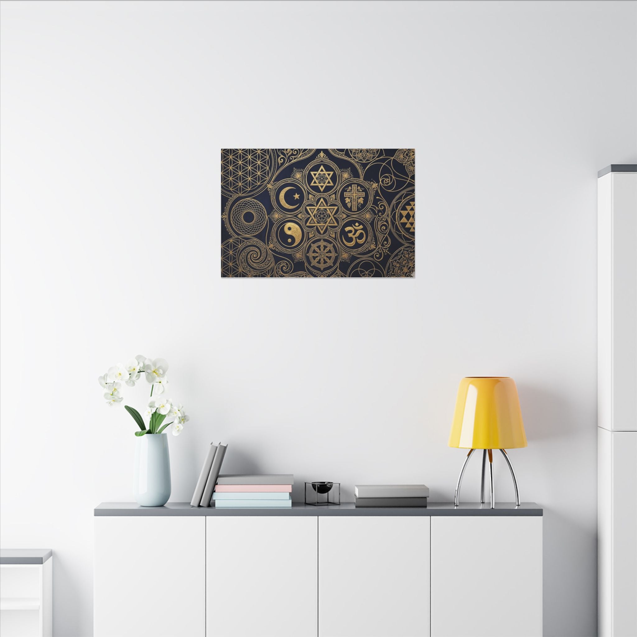Sacred Symbols Canvas Wall Art - World Religions Print, Universal Peace, Spiritual Decor, Stretched Canvas