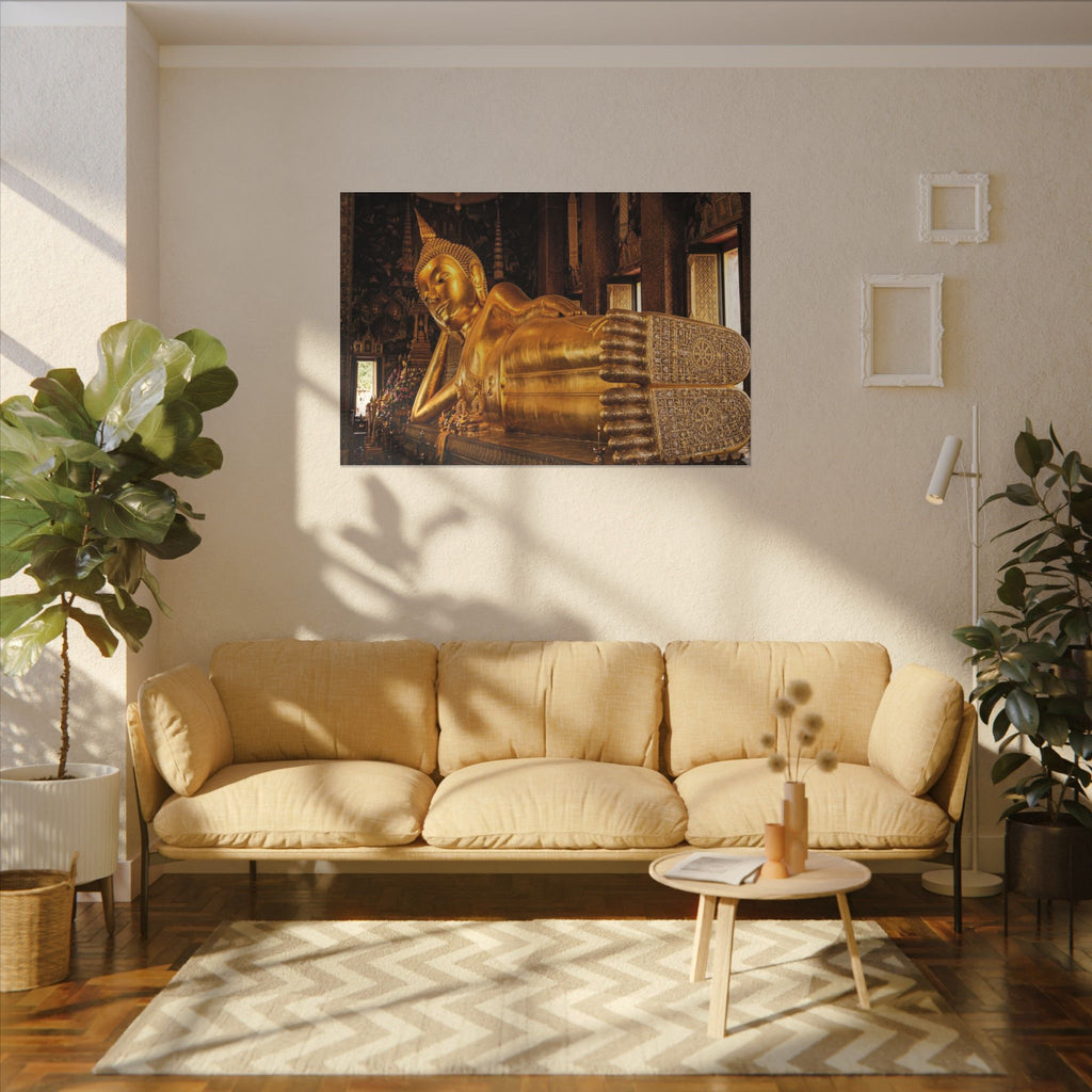 Reclining Buddha Canvas Wall Art - Golden Statue Print, Thai Temple, Sacred Art, Stretched Canvas