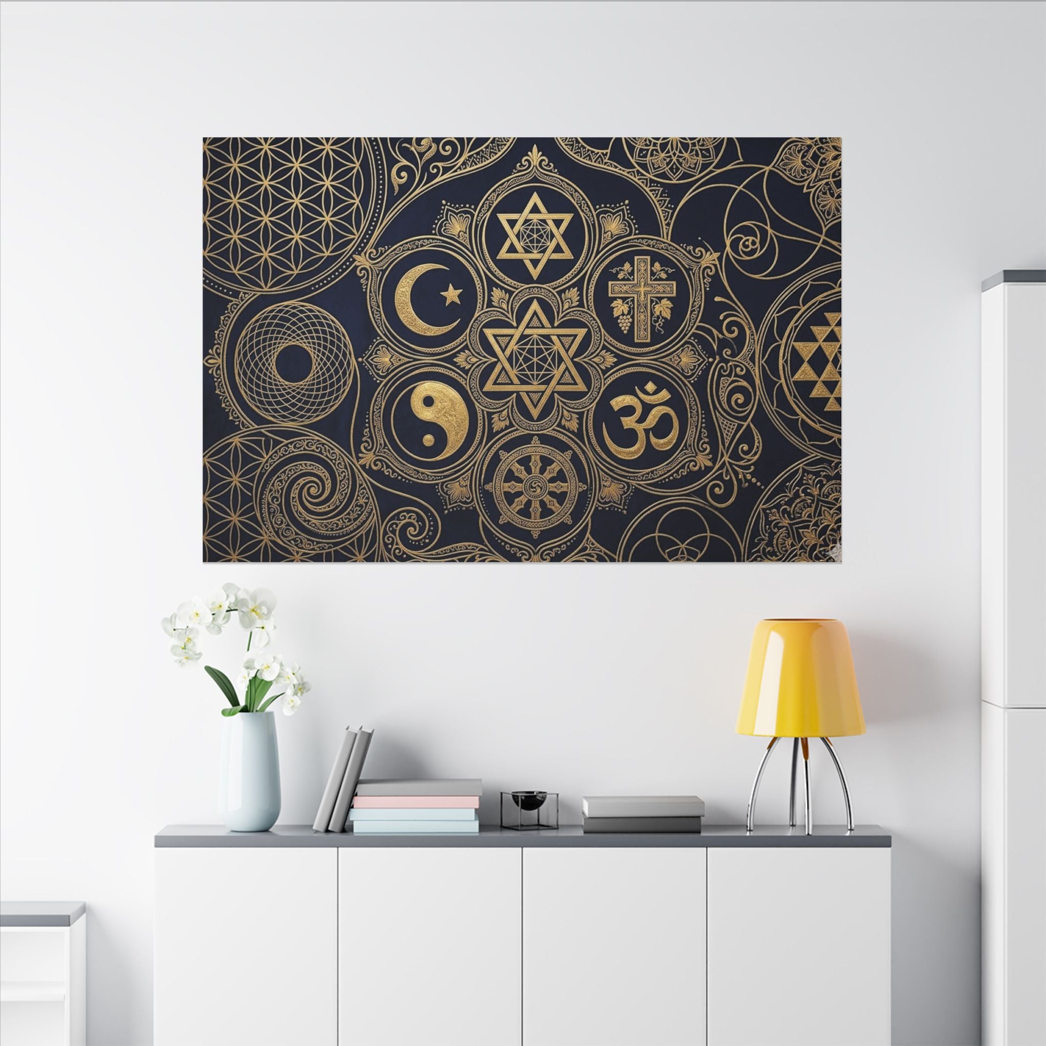 Sacred Symbols Canvas Wall Art - World Religions Print, Universal Peace, Spiritual Decor, Stretched Canvas