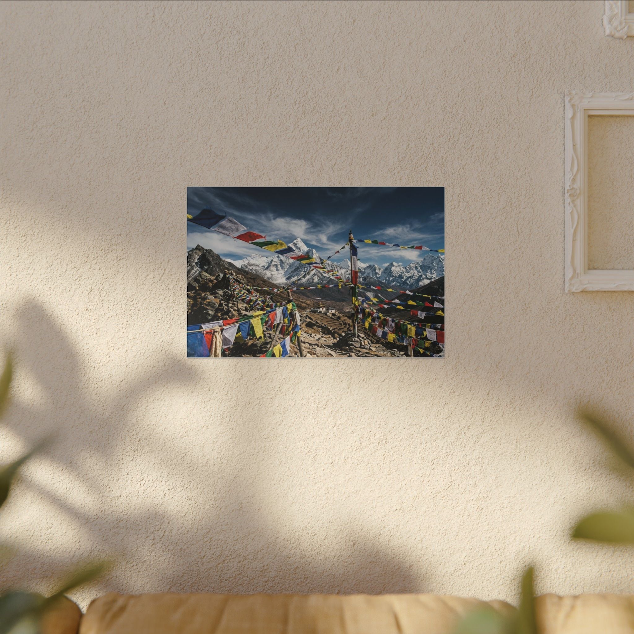Tibetan Prayer Flags Canvas Wall Art - Mountain Temple Print, Himalaya, Buddhist Decor, Stretched Canvas