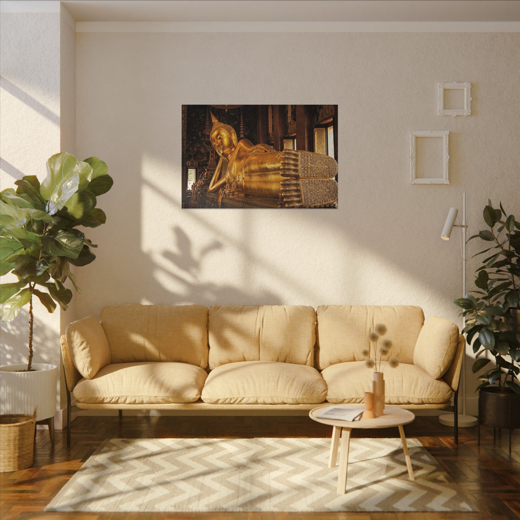 Reclining Buddha Canvas Wall Art - Golden Statue Print, Thai Temple, Sacred Art, Stretched Canvas