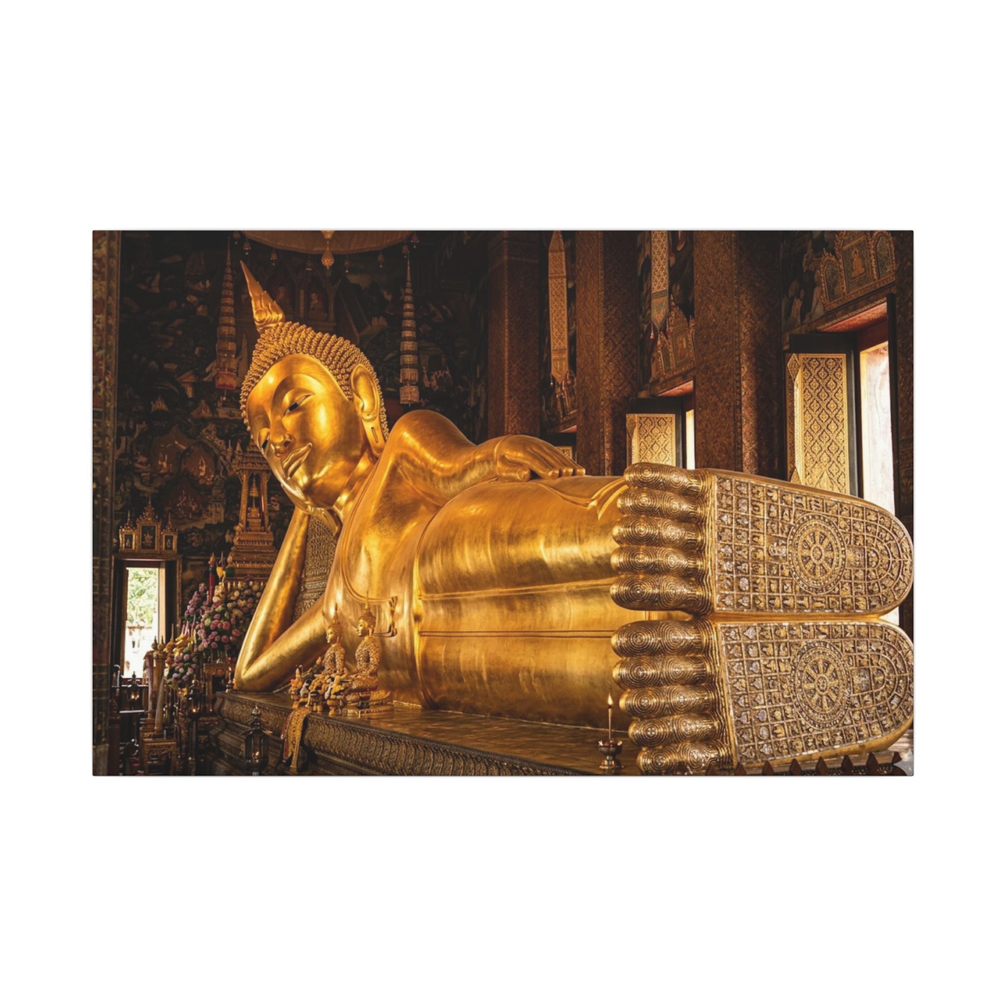 Reclining Buddha Canvas Wall Art - Golden Statue Print, Thai Temple, Sacred Art, Stretched Canvas