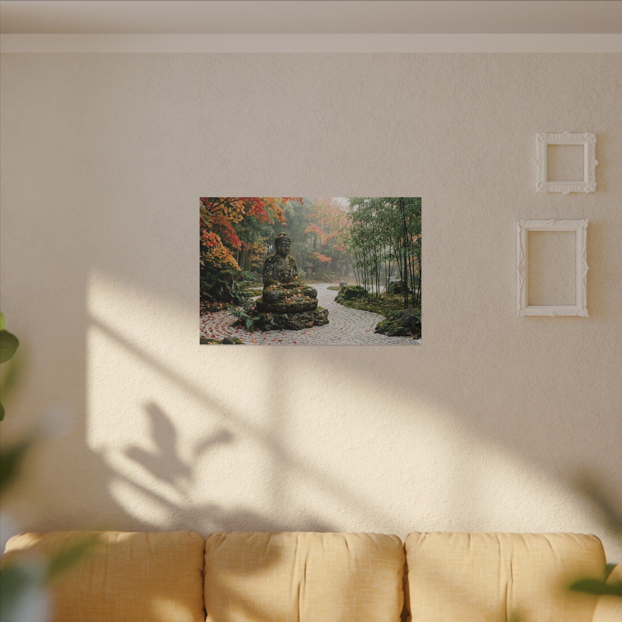 Zen Buddha Garden Canvas Wall Art - Stone Statue Print, Japanese Garden, Meditation Decor, Stretched Canvas