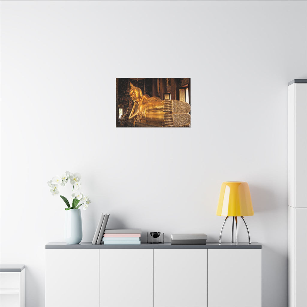 Reclining Buddha Canvas Wall Art - Golden Statue Print, Thai Temple, Sacred Art, Stretched Canvas
