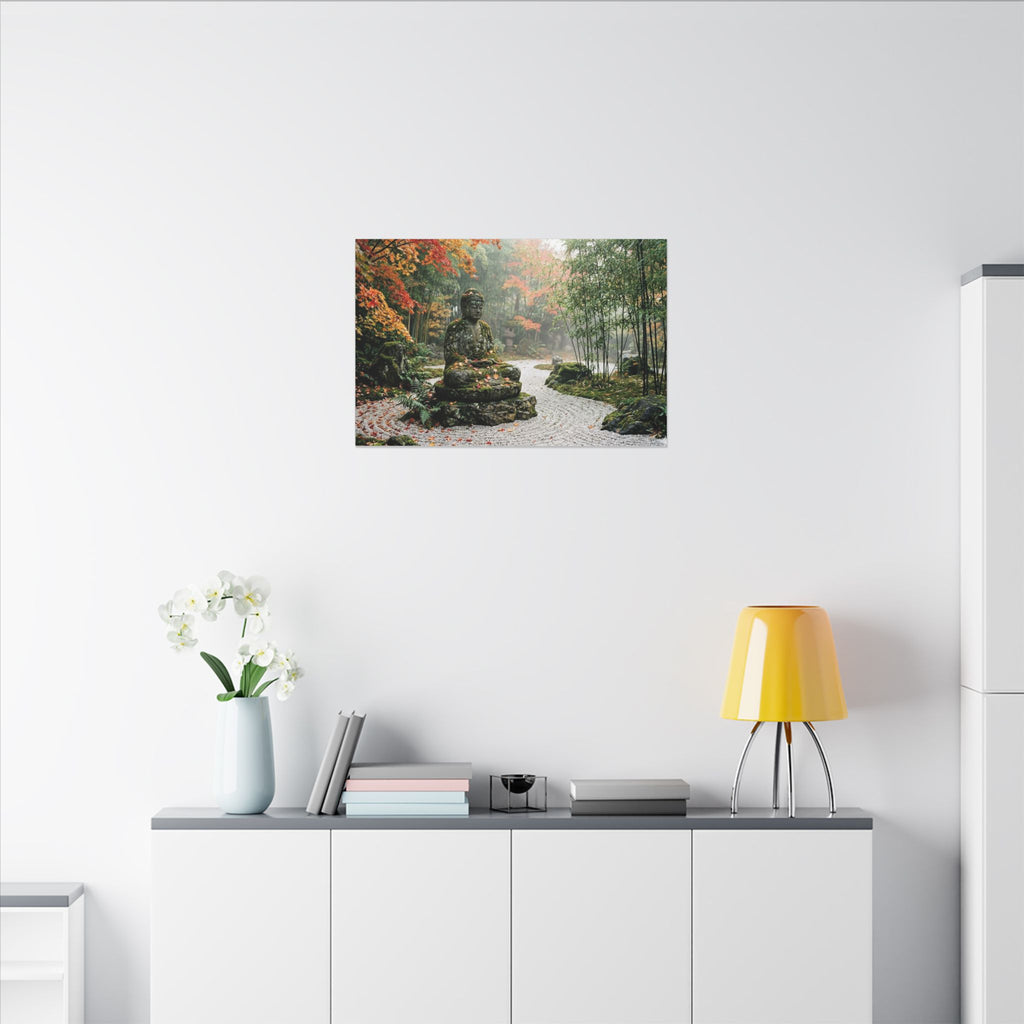 Zen Buddha Garden Canvas Wall Art - Stone Statue Print, Japanese Garden, Meditation Decor, Stretched Canvas