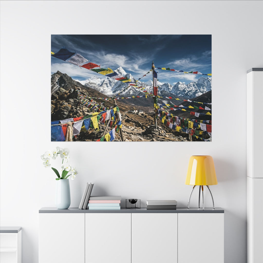 Tibetan Prayer Flags Canvas Wall Art - Mountain Temple Print, Himalaya, Buddhist Decor, Stretched Canvas