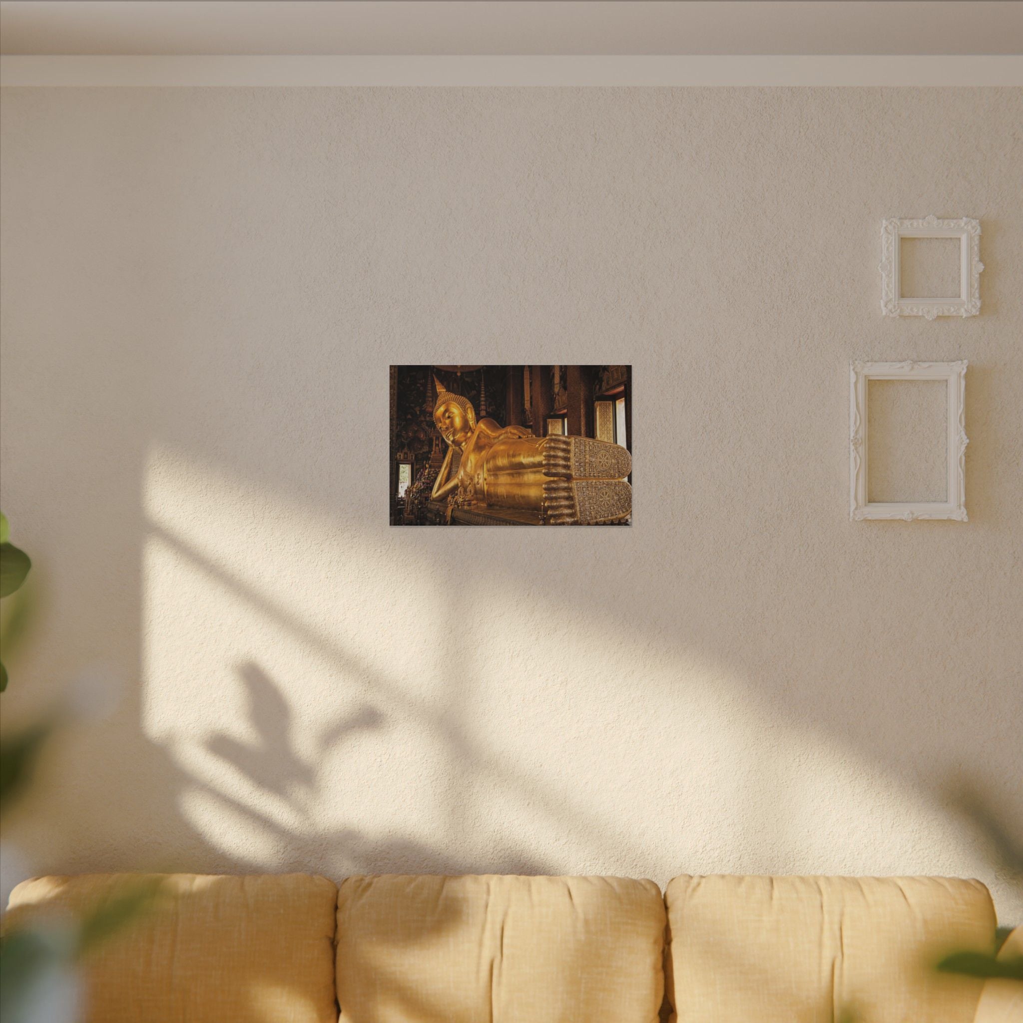 Reclining Buddha Canvas Wall Art - Golden Statue Print, Thai Temple, Sacred Art, Stretched Canvas
