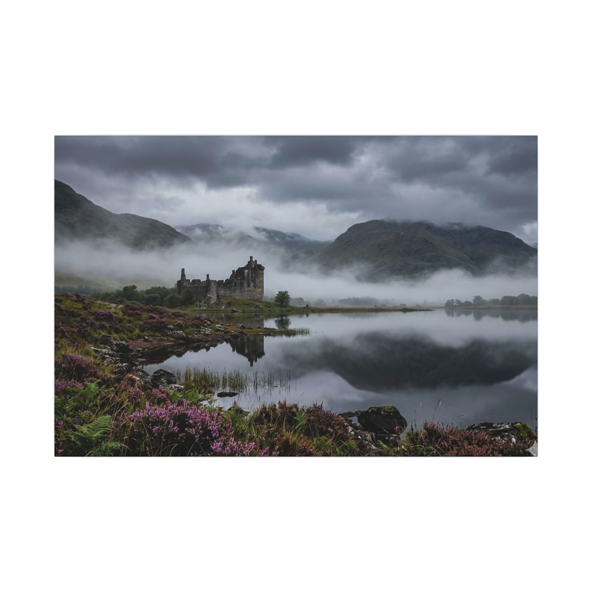 Scottish Castle Canvas Wall Art - Misty Highland Print, Medieval Ruins, Celtic Decor, Stretched Canvas