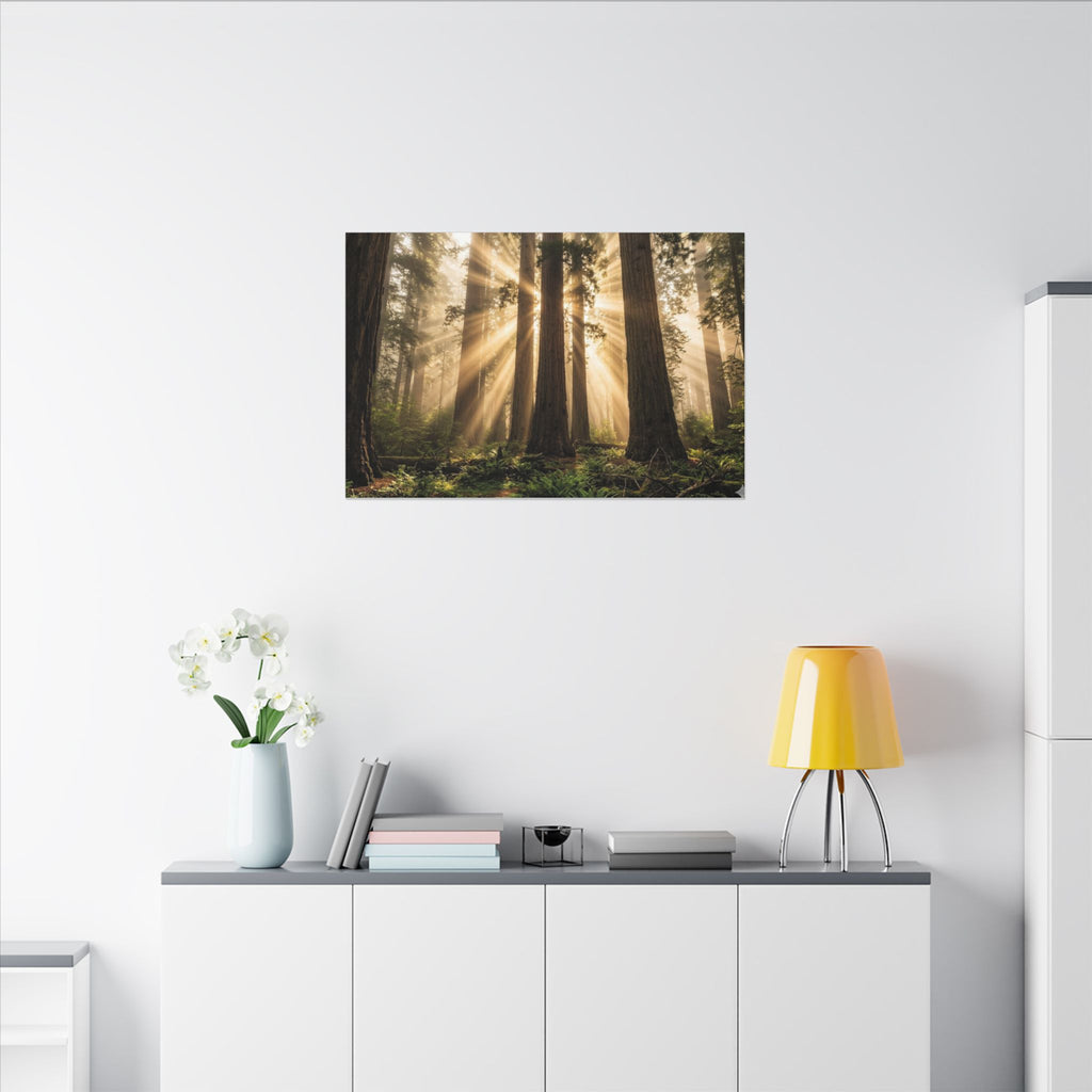 Sequoia Forest Canvas Wall Art - Giant Tree Print, Sunbeam Nature, Forest Decor, Stretched Canvas