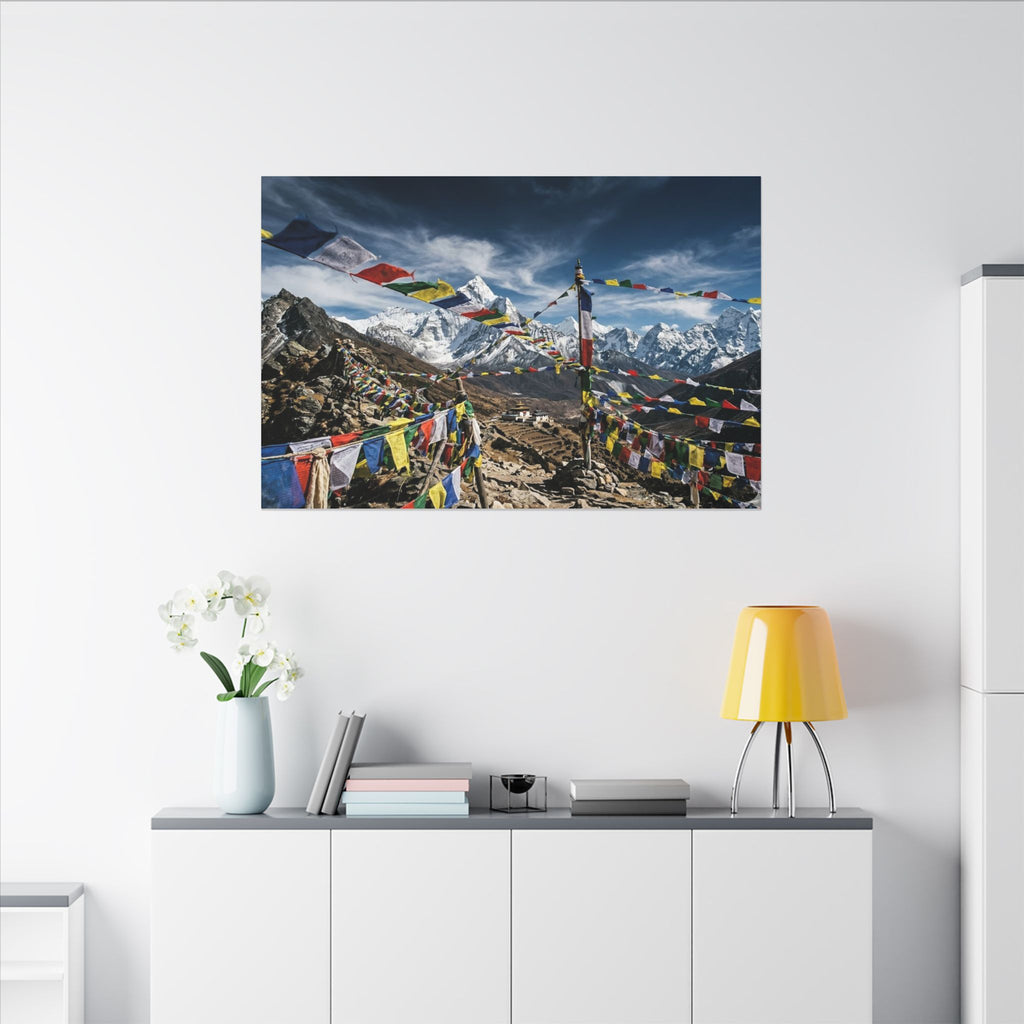 Tibetan Prayer Flags Canvas Wall Art - Mountain Temple Print, Himalaya, Buddhist Decor, Stretched Canvas