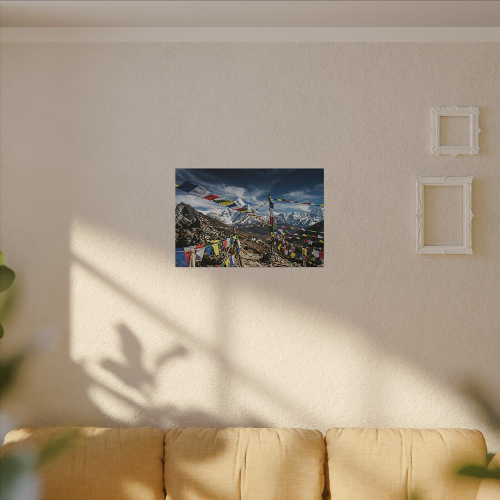 Tibetan Prayer Flags Canvas Wall Art - Mountain Temple Print, Himalaya, Buddhist Decor, Stretched Canvas