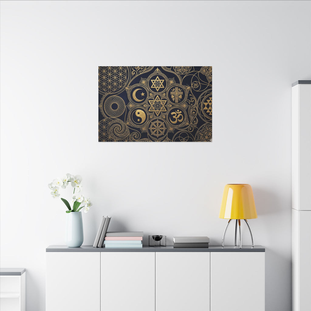 Sacred Symbols Canvas Wall Art - World Religions Print, Universal Peace, Spiritual Decor, Stretched Canvas