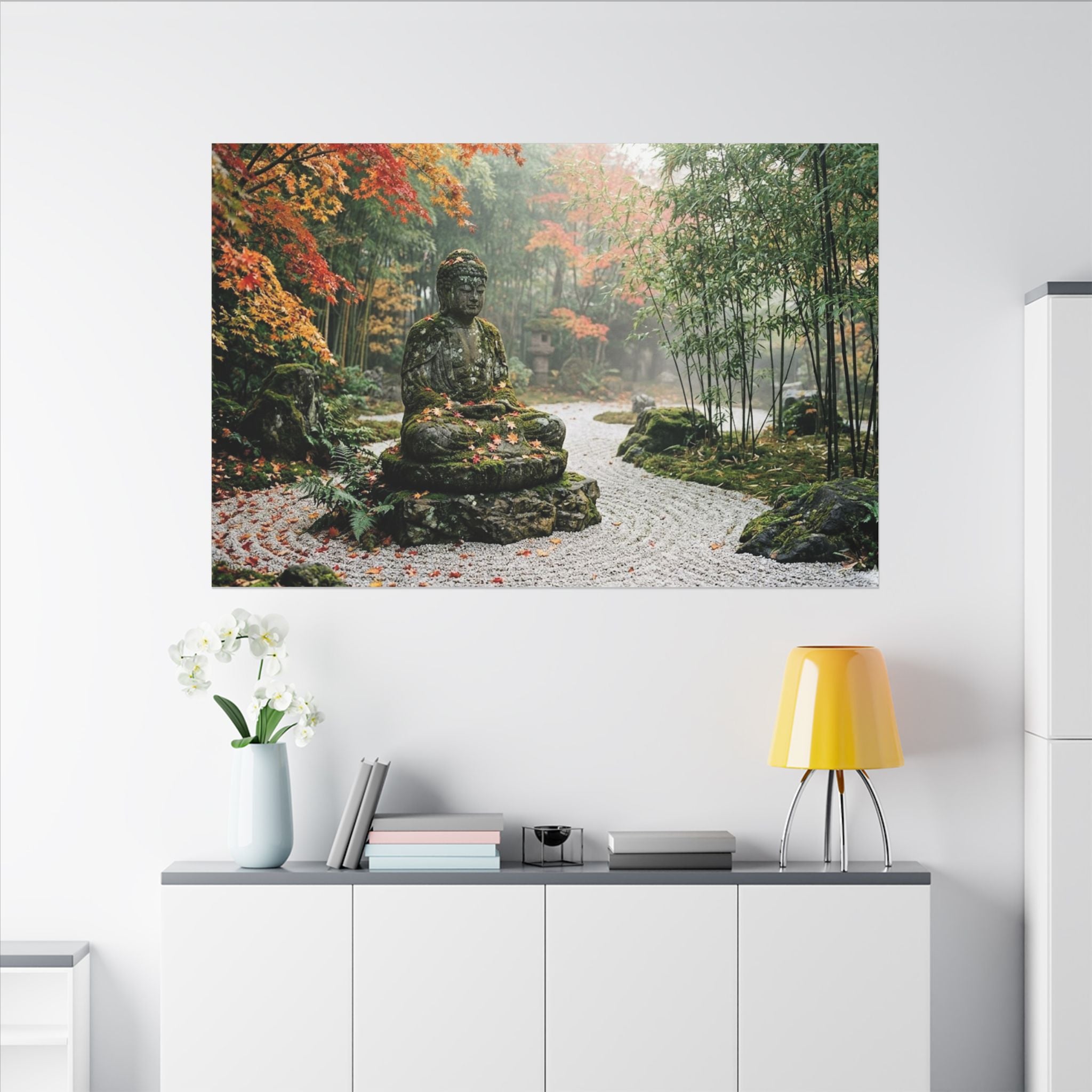 Zen Buddha Garden Canvas Wall Art - Stone Statue Print, Japanese Garden, Meditation Decor, Stretched Canvas