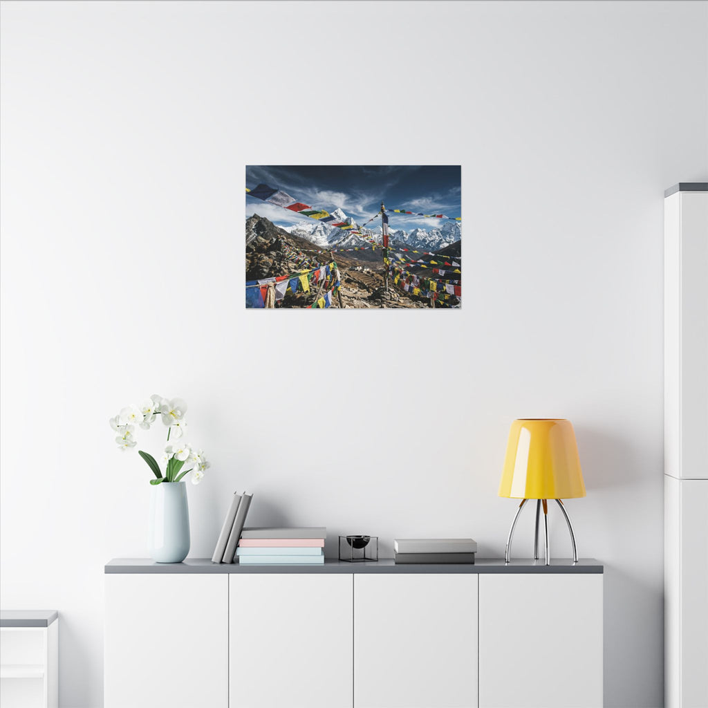 Tibetan Prayer Flags Canvas Wall Art - Mountain Temple Print, Himalaya, Buddhist Decor, Stretched Canvas