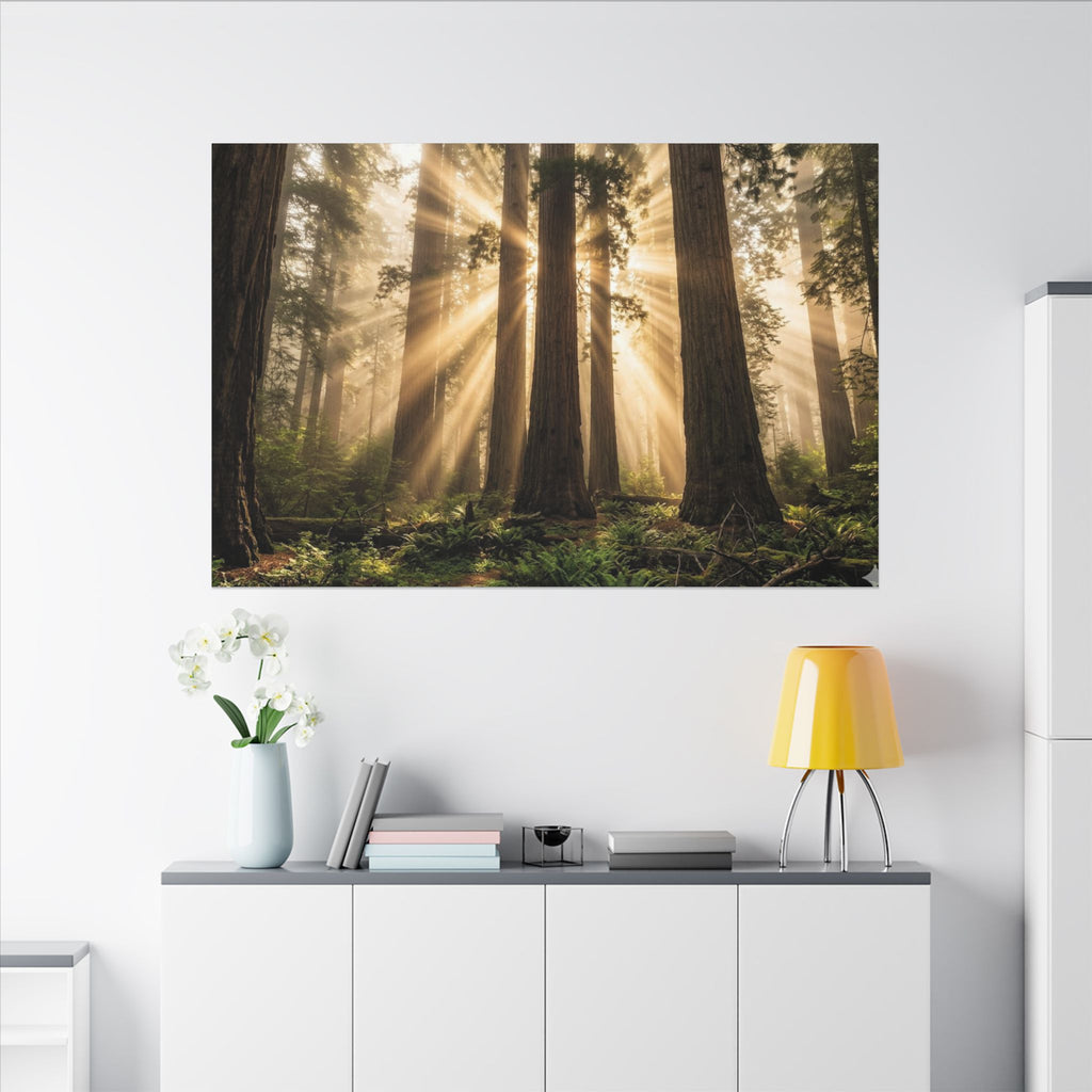 Sequoia Forest Canvas Wall Art - Giant Tree Print, Sunbeam Nature, Forest Decor, Stretched Canvas
