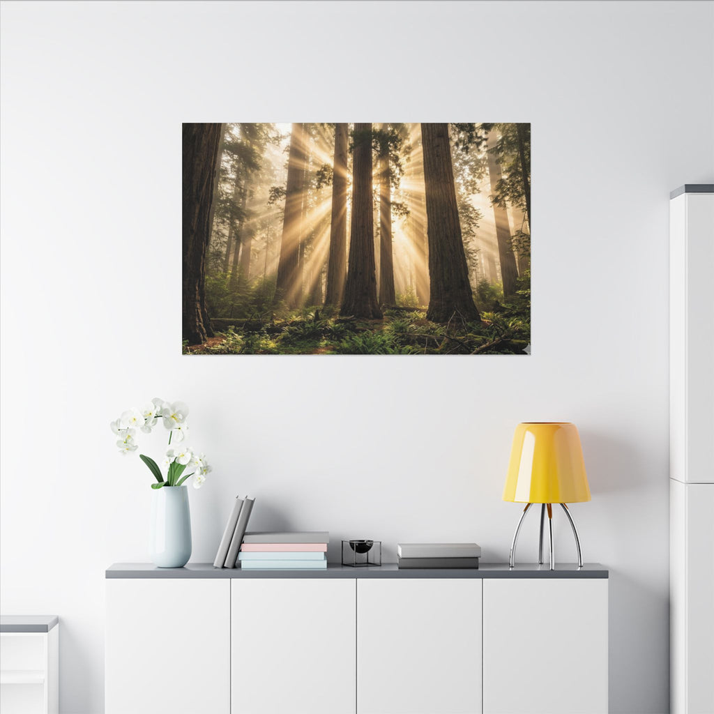 Sequoia Forest Canvas Wall Art - Giant Tree Print, Sunbeam Nature, Forest Decor, Stretched Canvas