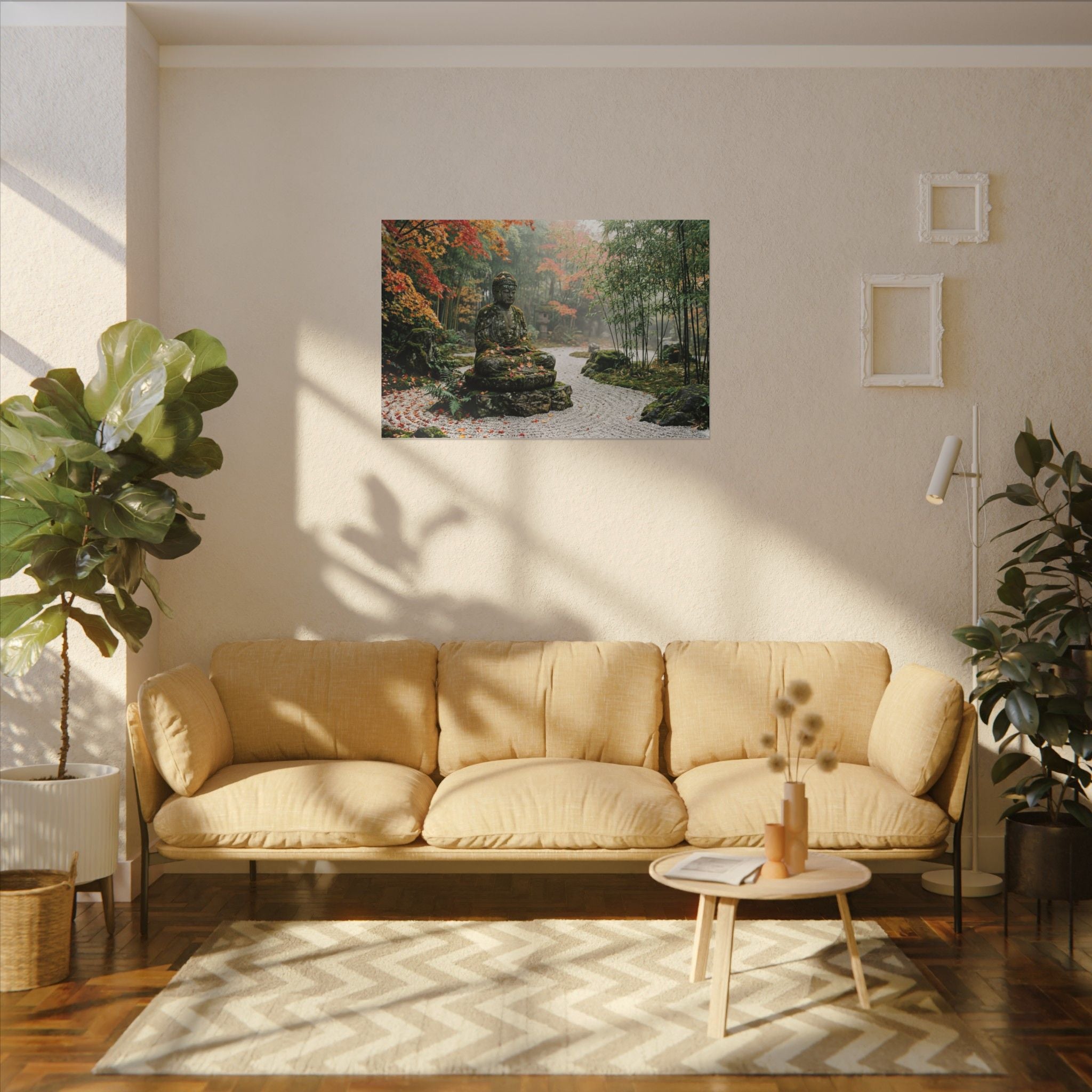 Zen Buddha Garden Canvas Wall Art - Stone Statue Print, Japanese Garden, Meditation Decor, Stretched Canvas