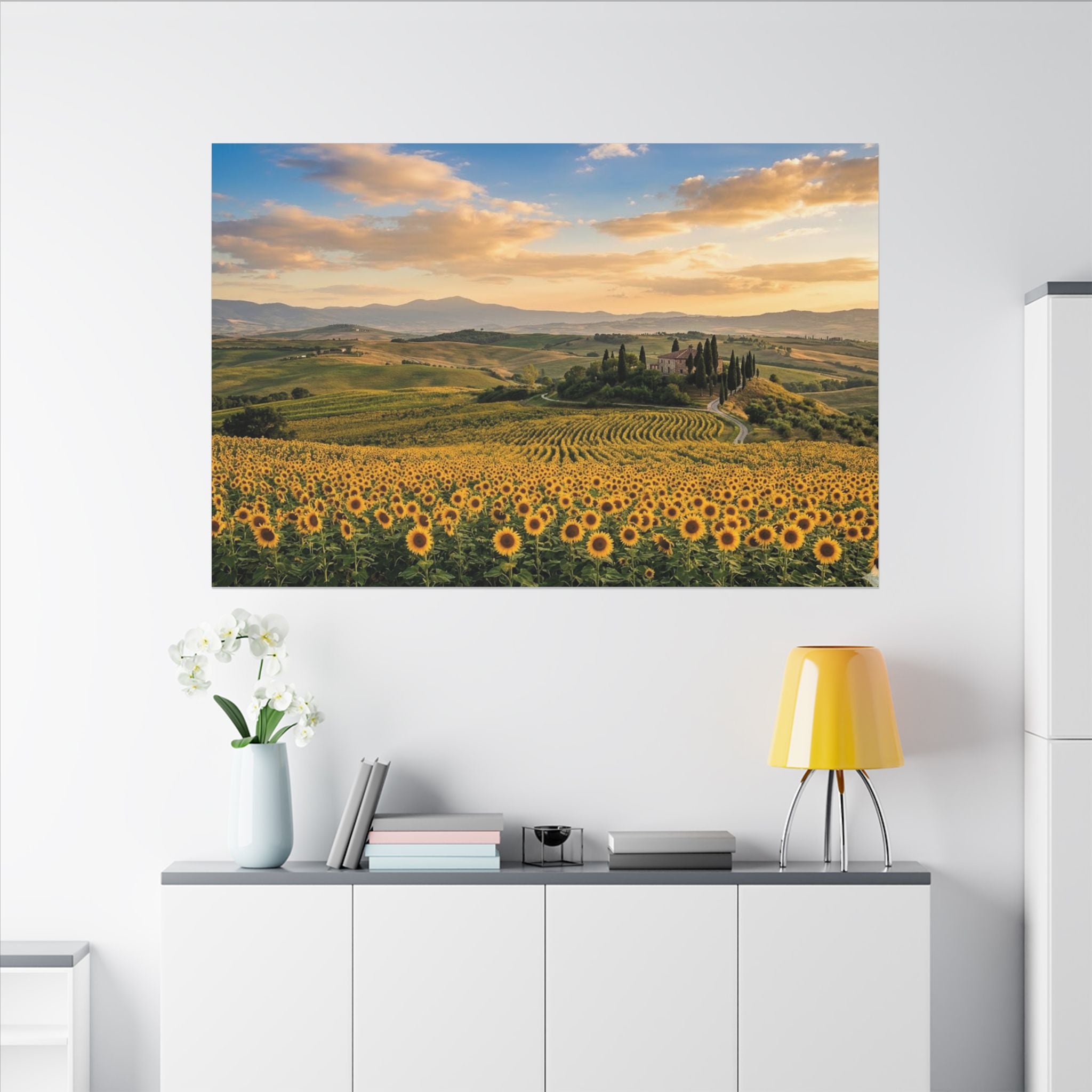 Tuscan Sunflower Canvas Wall Art - Italy Summer Print, Golden Field, Mediterranean Decor, Stretched Canvas