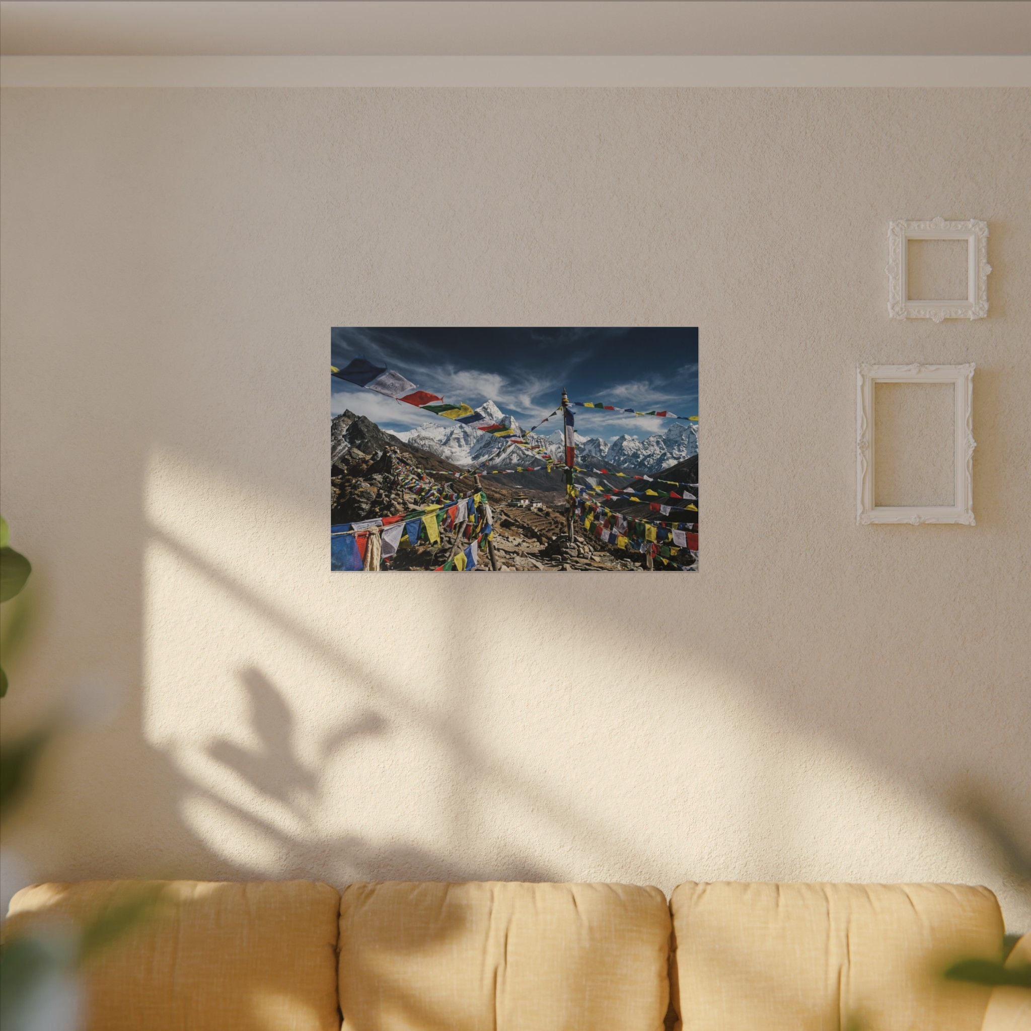 Tibetan Prayer Flags Canvas Wall Art - Mountain Temple Print, Himalaya, Buddhist Decor, Stretched Canvas