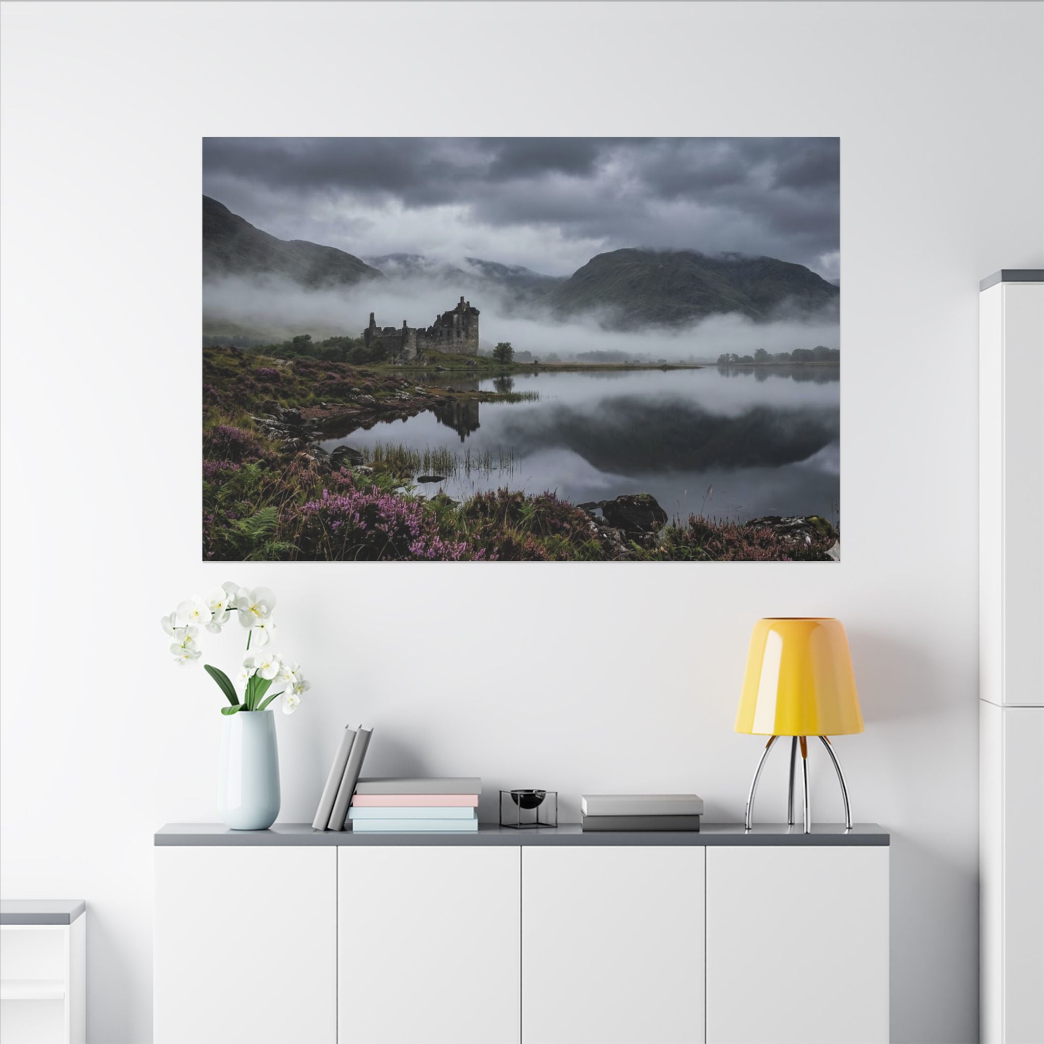 Scottish Castle Canvas Wall Art - Misty Highland Print, Medieval Ruins, Celtic Decor, Stretched Canvas