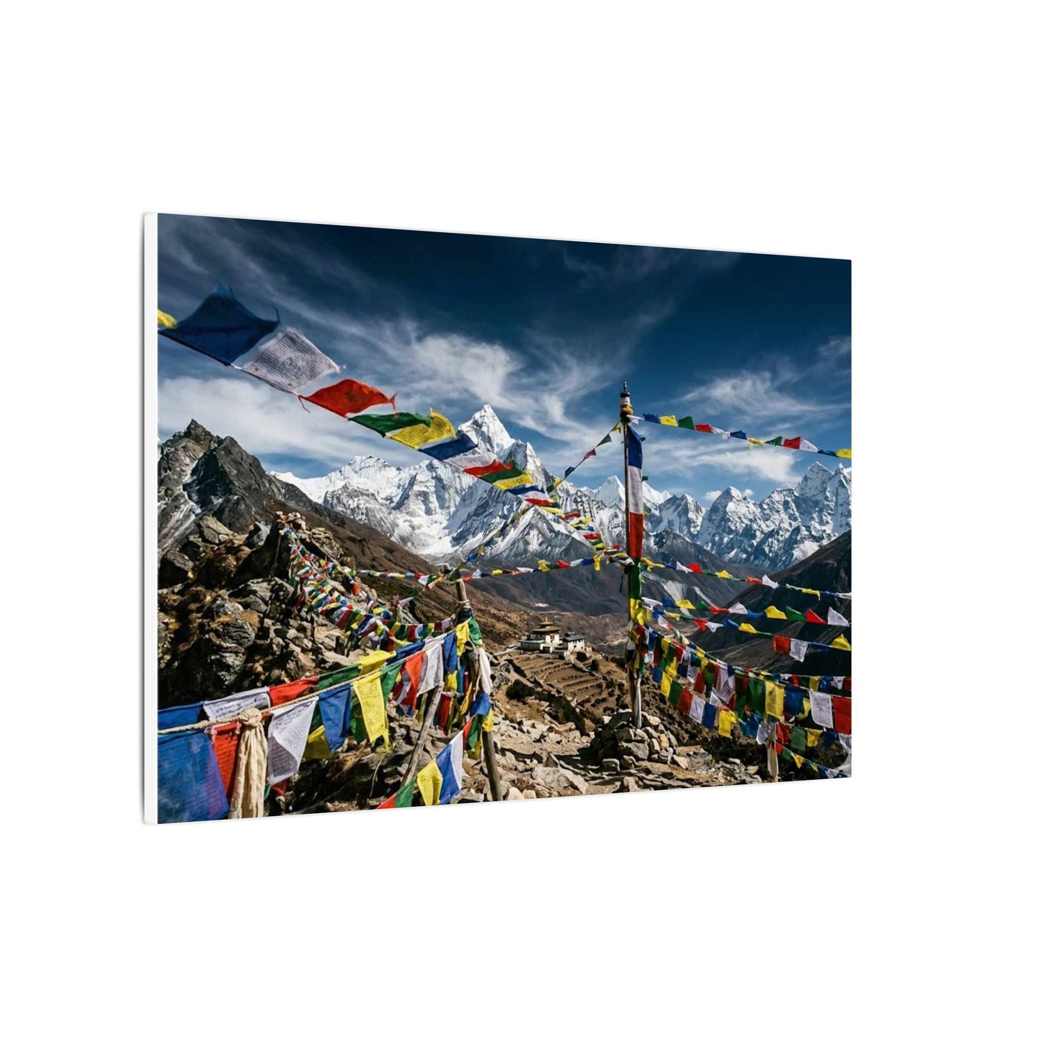 Tibetan Prayer Flags Canvas Wall Art - Mountain Temple Print, Himalaya, Buddhist Decor, Stretched Canvas
