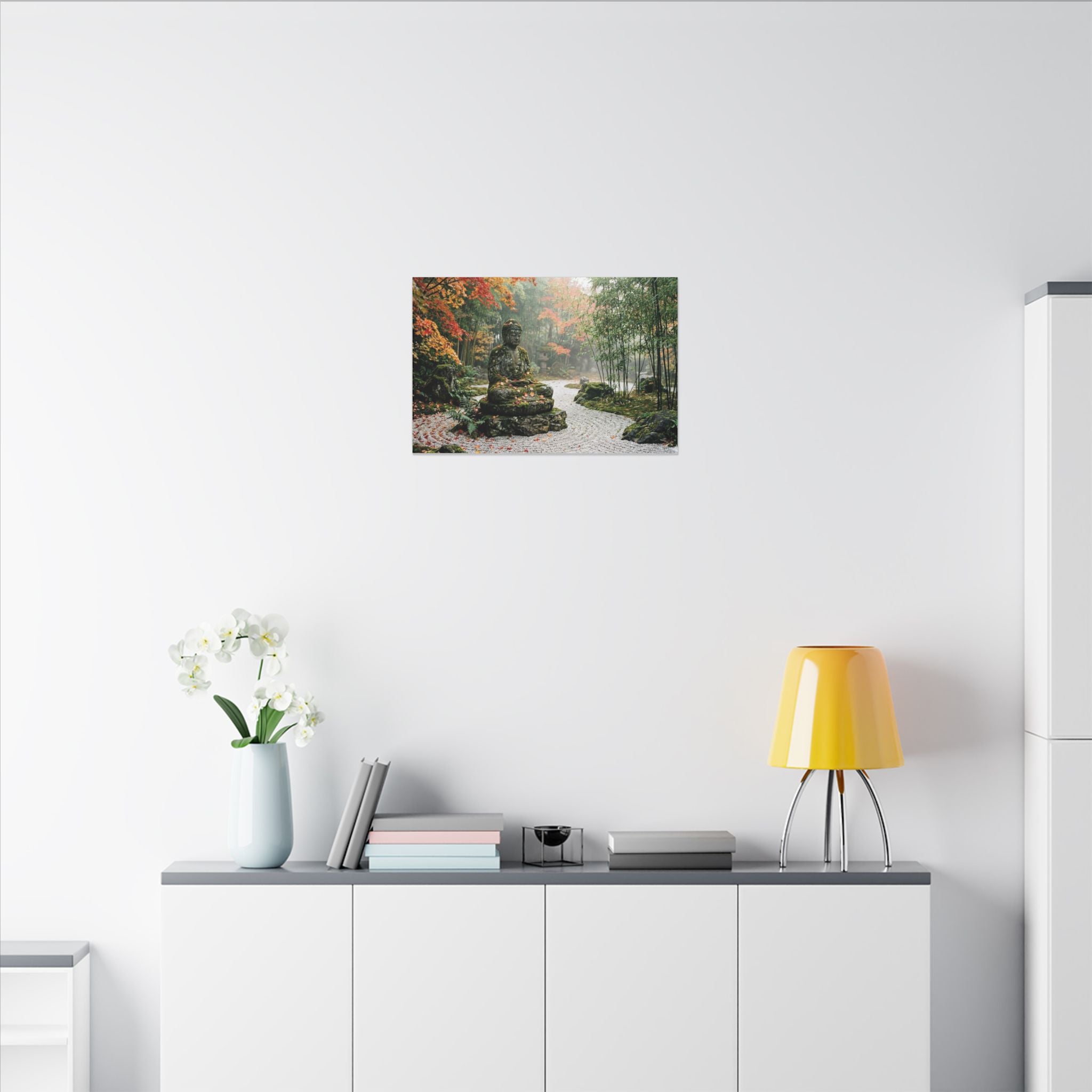 Zen Buddha Garden Canvas Wall Art - Stone Statue Print, Japanese Garden, Meditation Decor, Stretched Canvas