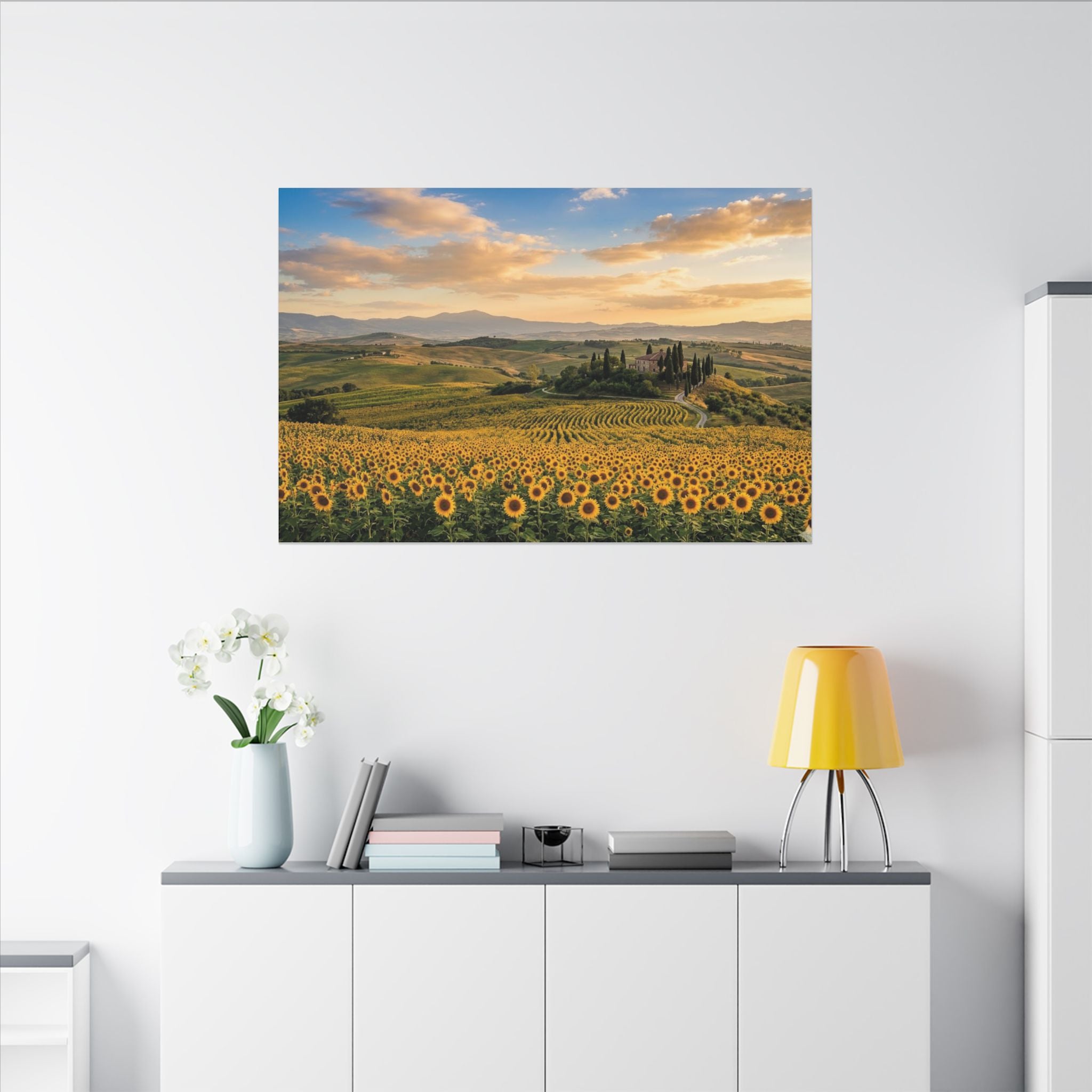 Tuscan Sunflower Canvas Wall Art - Italy Summer Print, Golden Field, Mediterranean Decor, Stretched Canvas