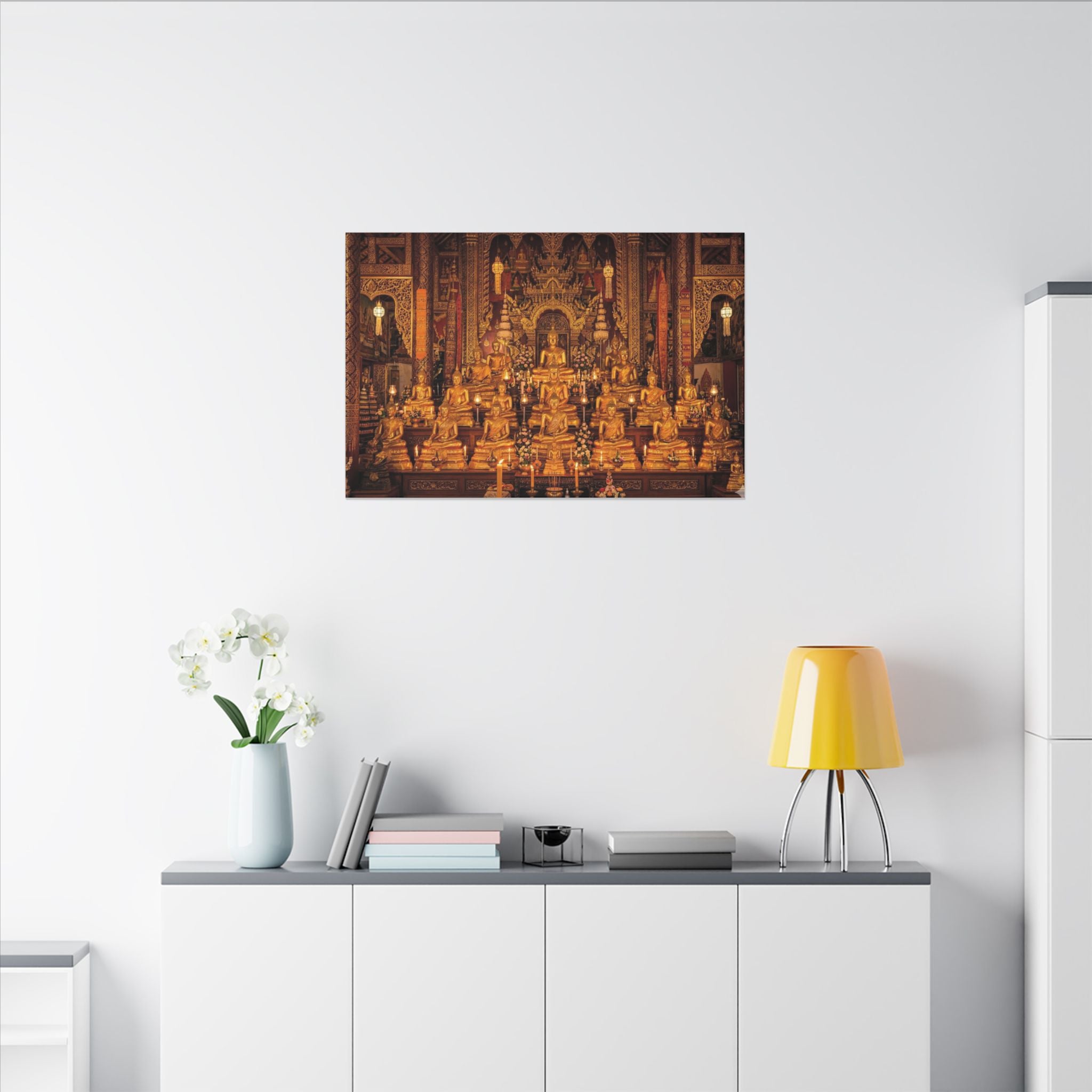 Thai Buddha Temple Canvas Wall Art - Golden Shrine Print, Bangkok Art, Southeast Asia Decor, Stretched Canvas