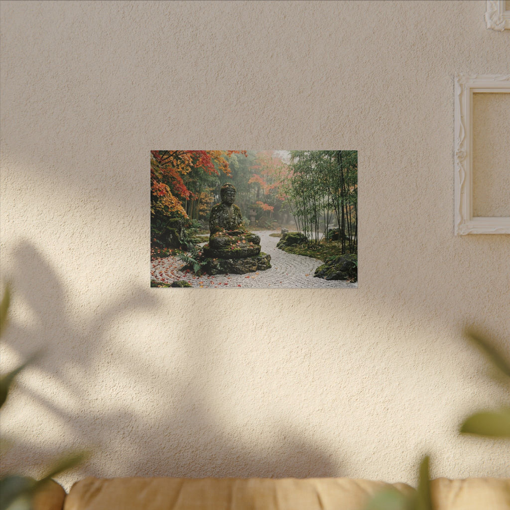 Zen Buddha Garden Canvas Wall Art - Stone Statue Print, Japanese Garden, Meditation Decor, Stretched Canvas
