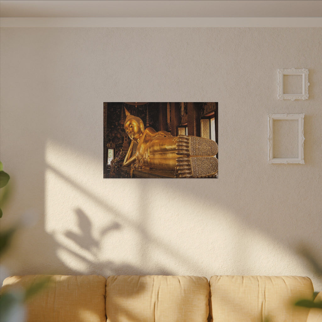 Reclining Buddha Canvas Wall Art - Golden Statue Print, Thai Temple, Sacred Art, Stretched Canvas