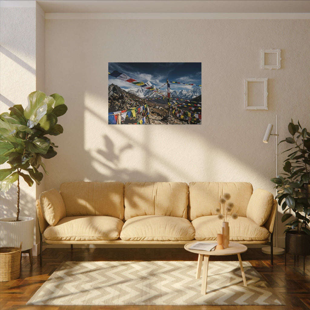 Tibetan Prayer Flags Canvas Wall Art - Mountain Temple Print, Himalaya, Buddhist Decor, Stretched Canvas