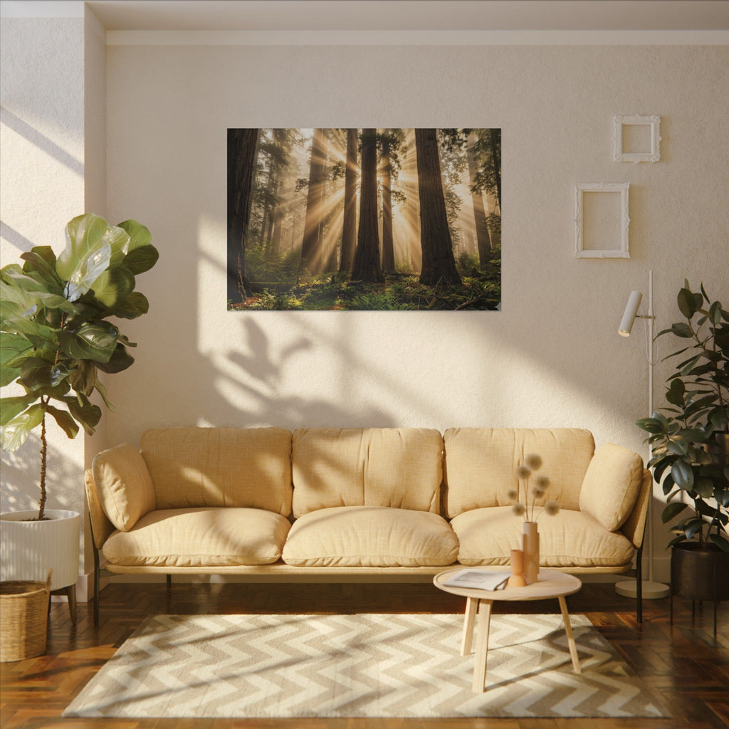 Sequoia Forest Canvas Wall Art - Giant Tree Print, Sunbeam Nature, Forest Decor, Stretched Canvas