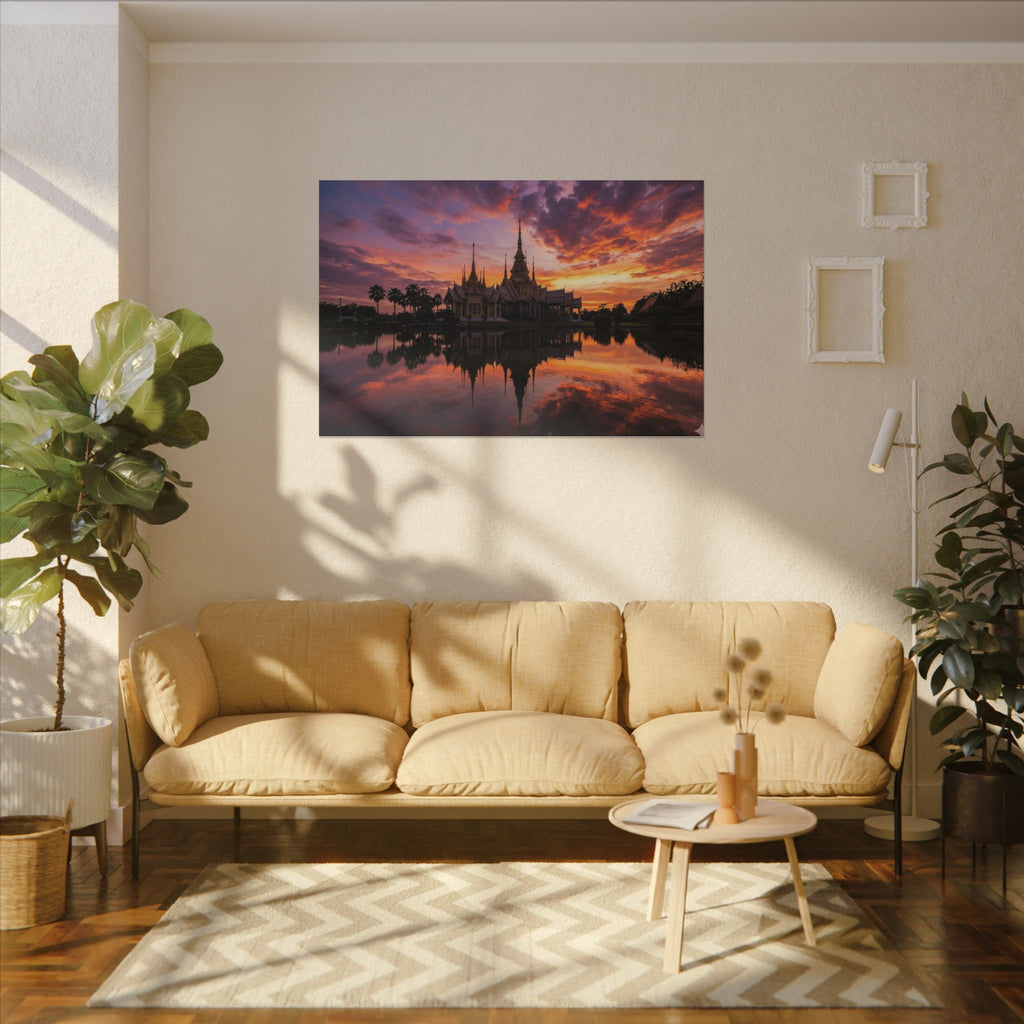Thai Temple Canvas Wall Art - Bangkok Wat Sunset Print, Southeast Asia Decor, Stretched Canvas